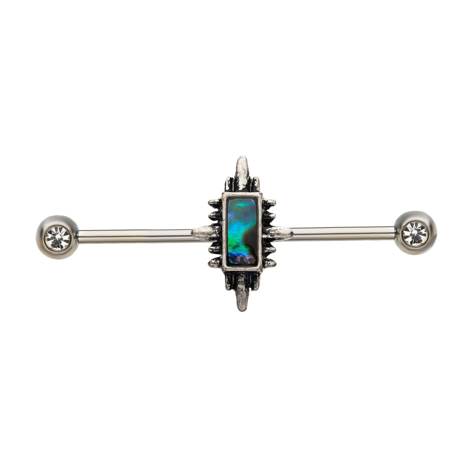 Indistrial Barbell Steel Abalone Shell inlay Spiked Edged Rectangle Industrial Barbell -Rebel Bod-RebelBod