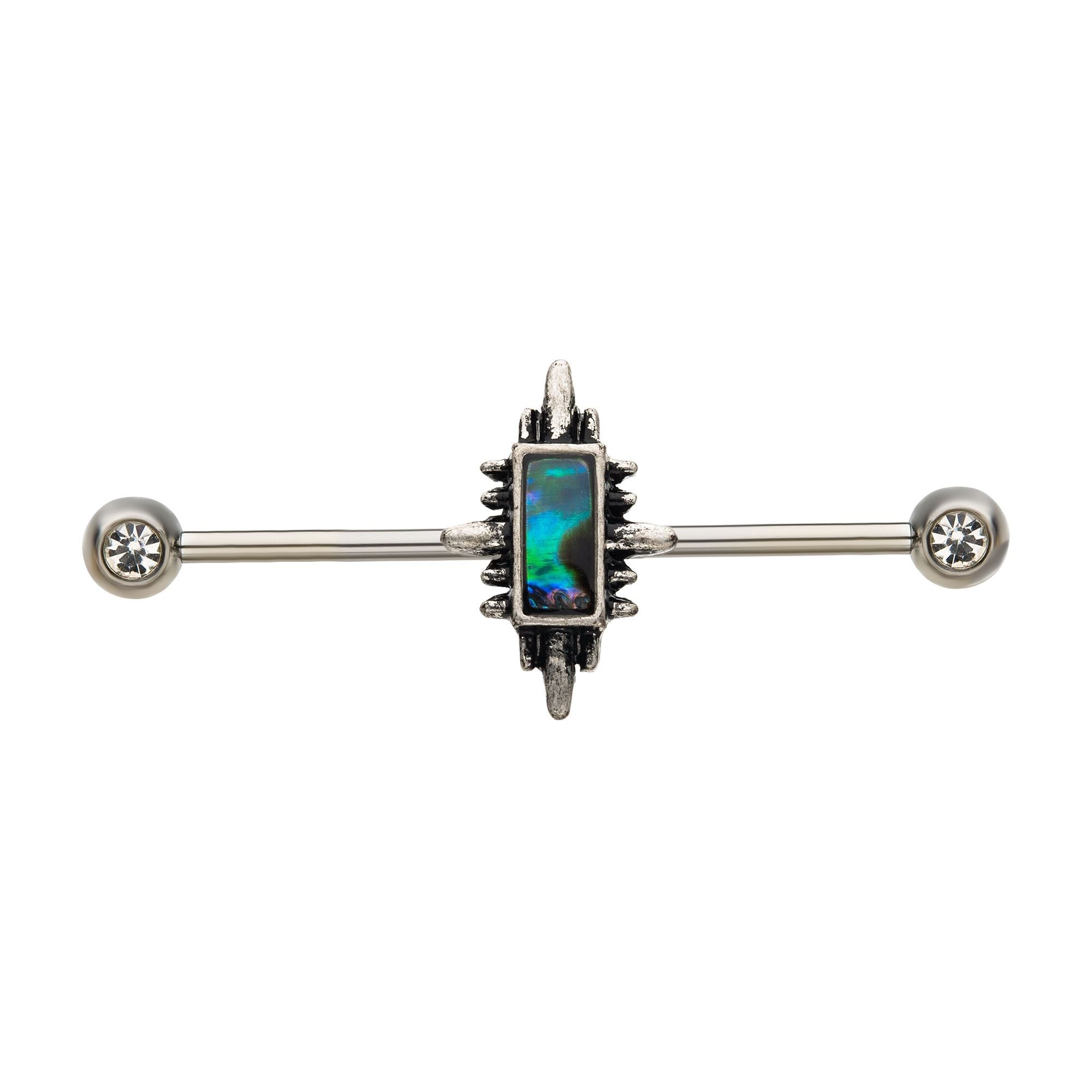 Barbell Rectangular Abalone Shell inlay Spiked Edged Rectangle Industrial Barbell - 1 Piec ...