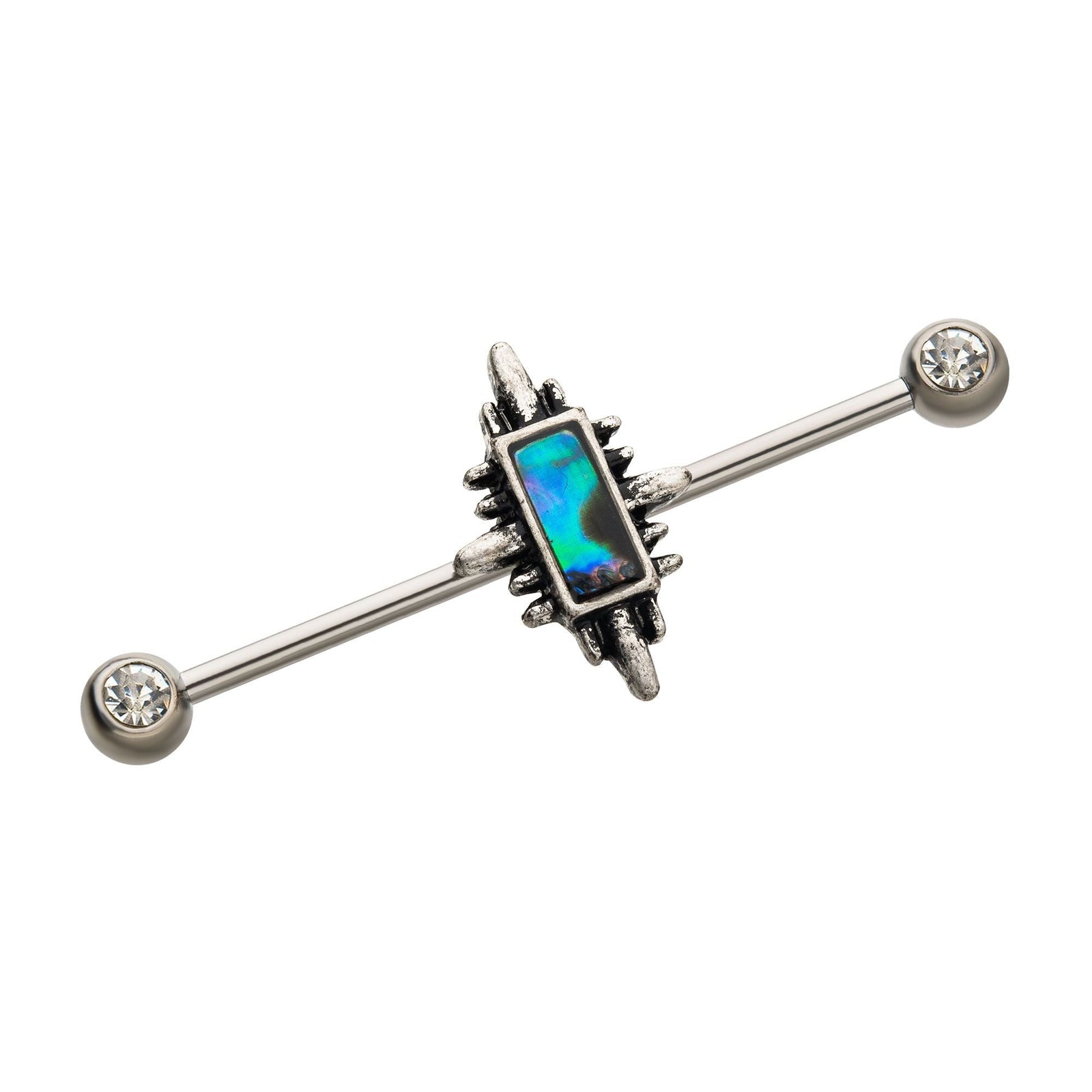 Indistrial Barbell Steel Abalone Shell inlay Spiked Edged Rectangle Industrial Barbell -Rebel Bod-RebelBod