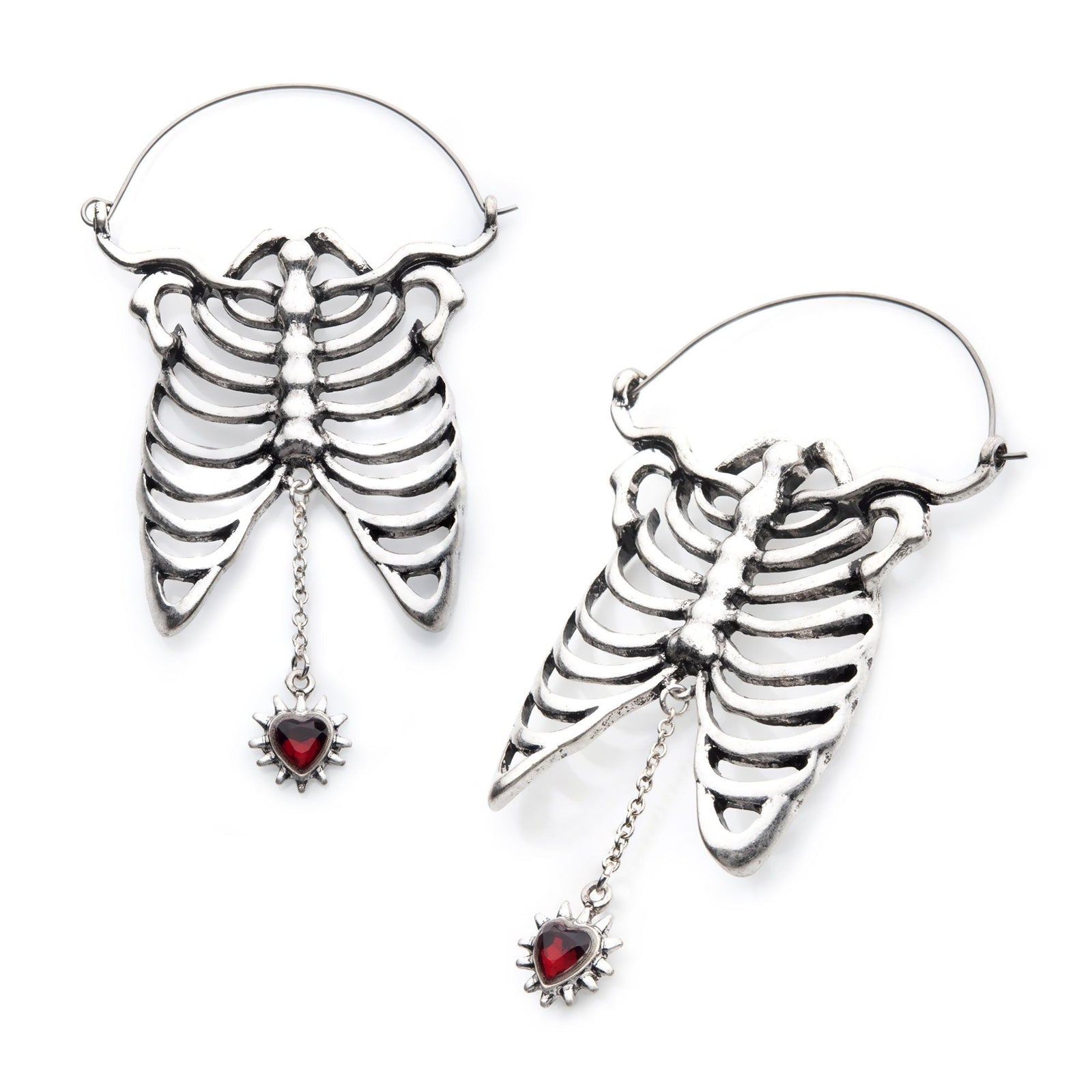 Tapers - Hanging Steel Antique Bone Dangle Red CZ Heart Plug Hoops -Rebel Bod-RebelBod