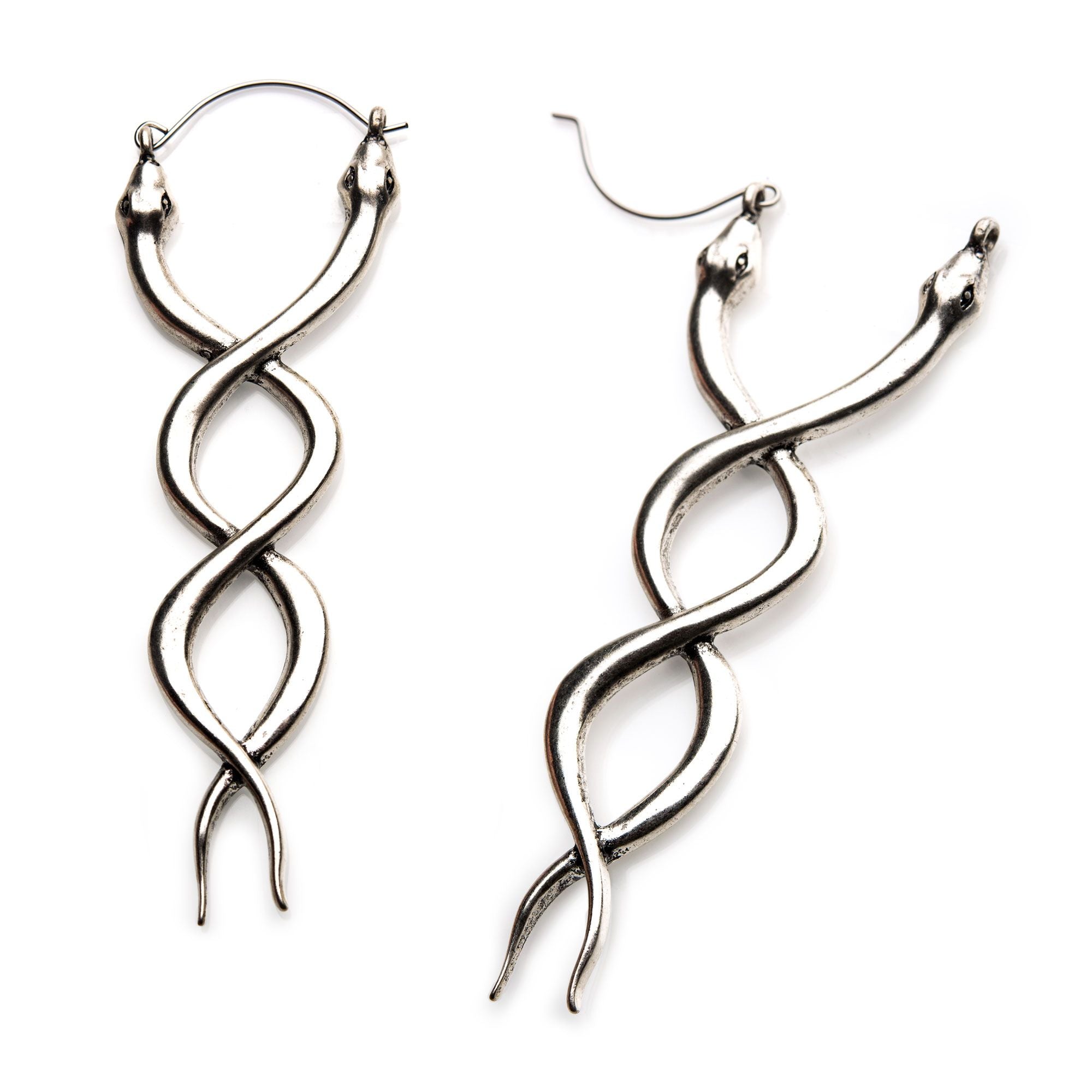 Tapers - Hanging Steel Antiqued Silver Plated Cut Out Overlapping Snakes Plug Hoops -Rebel Bod-RebelBod