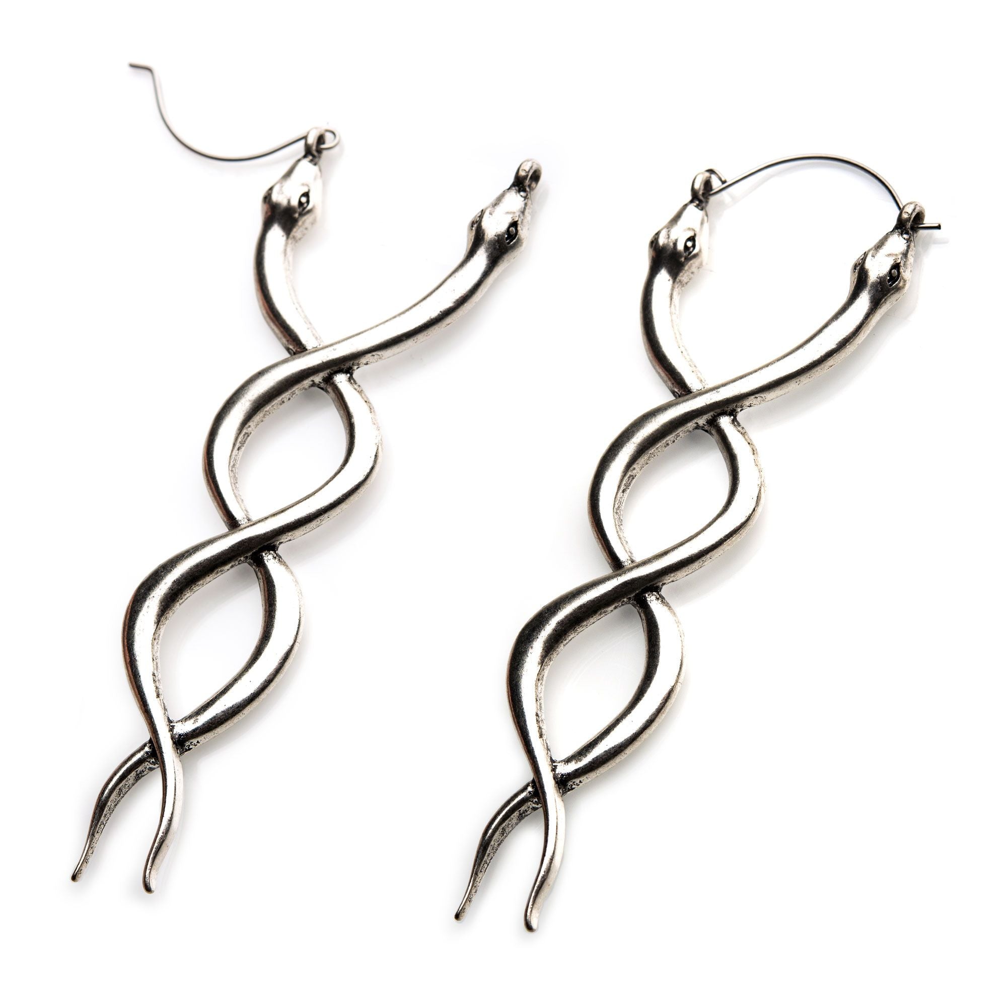 Tapers - Hanging Steel Antiqued Silver Plated Cut Out Overlapping Snakes Plug Hoops -Rebel Bod-RebelBod