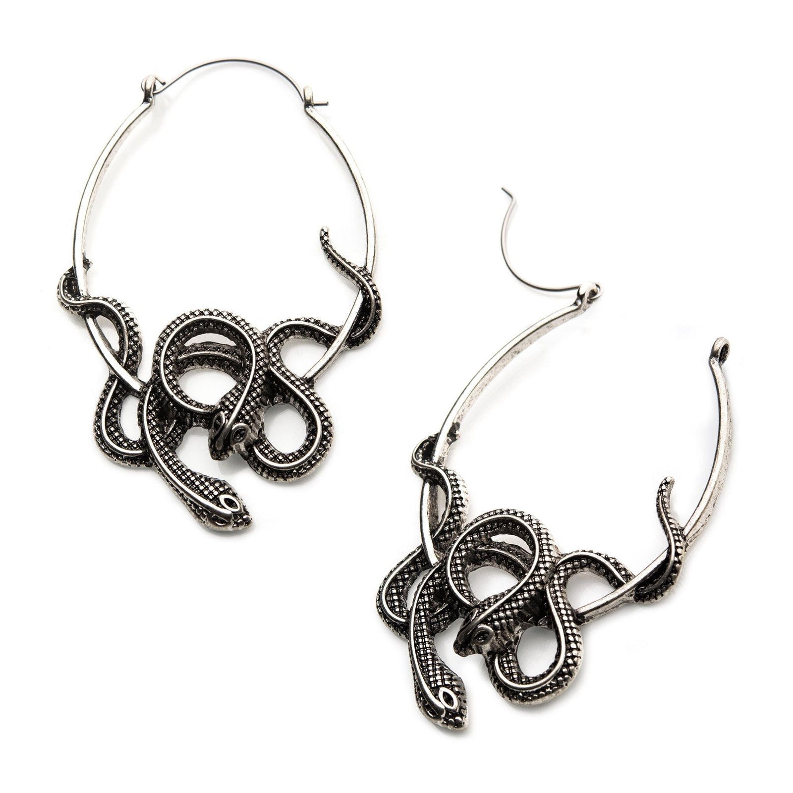 Tapers - Hanging Steel Antiqued Silver Plated Cut Out Snake Plug Hoops -Rebel Bod-RebelBod