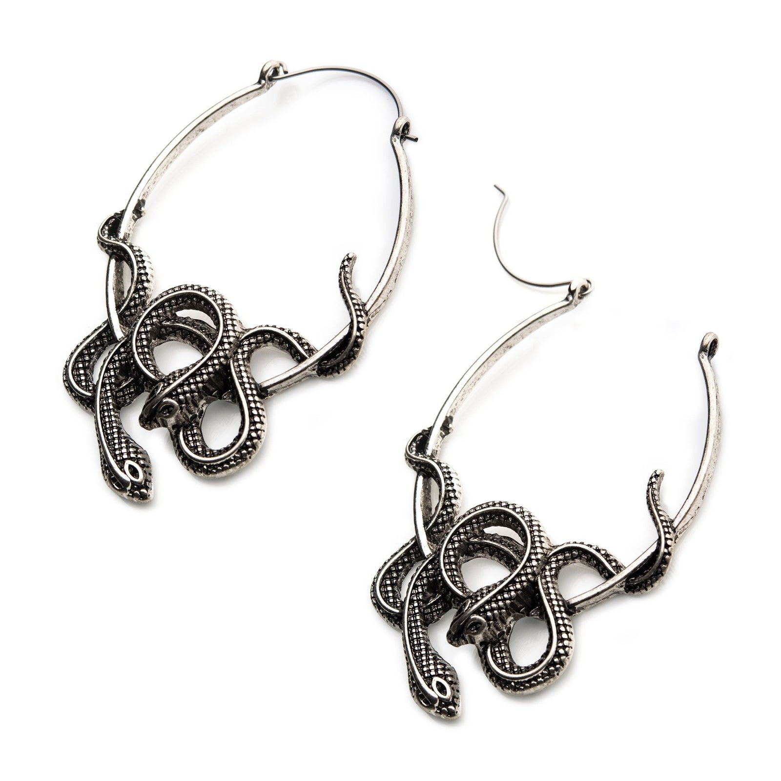 Tapers - Hanging Steel Antiqued Silver Plated Cut Out Snake Plug Hoops -Rebel Bod-RebelBod