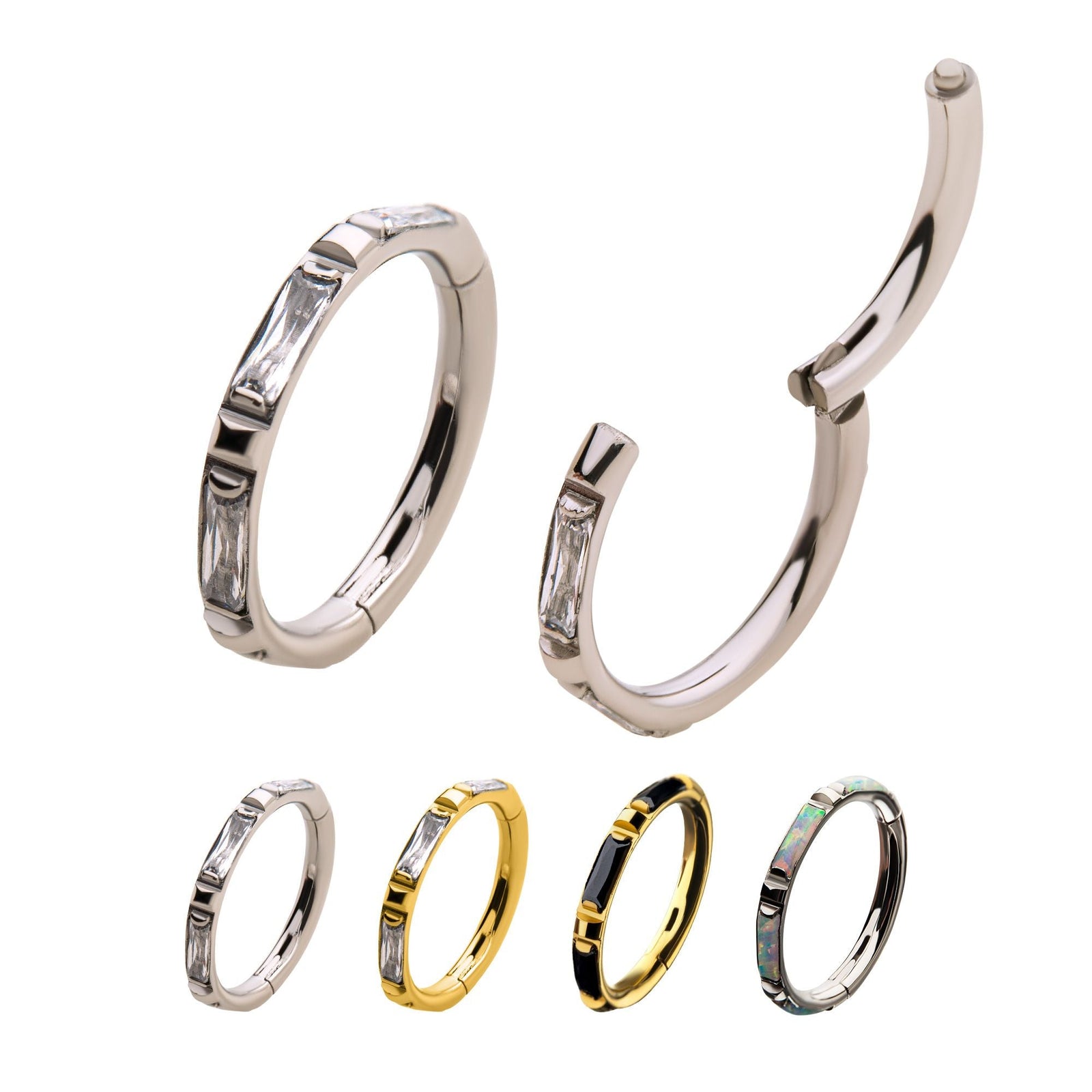 Clicker - Cartilage | Septum Steel Baguette CZ/Synthetic Opal Side Facing Hinged Segment Clicker - 1 Piece -Rebel Bod-RebelBod