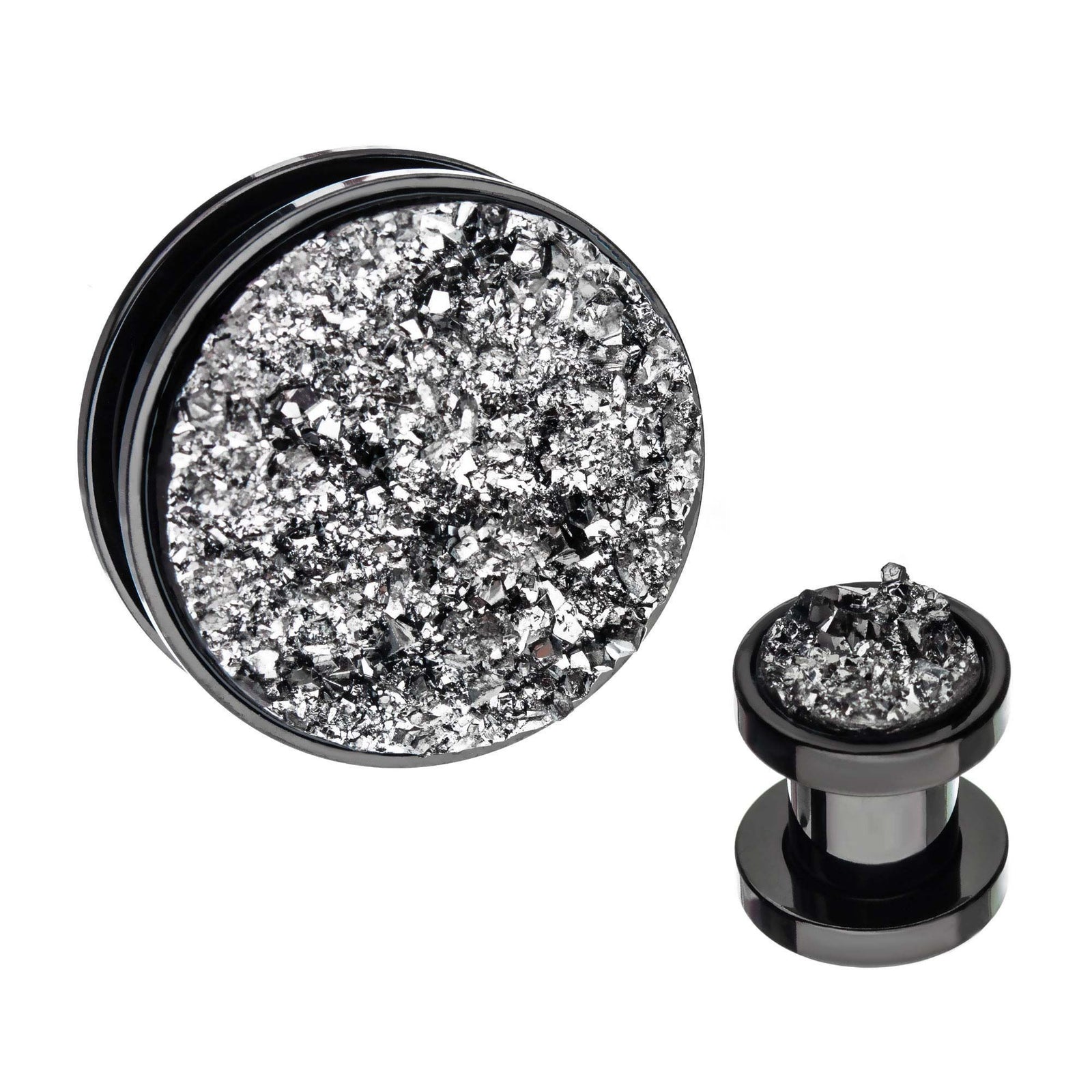 Steel Black Plated Faux Druzy Silver Screw Fit Double Flared Ear Gauge Plugs - 1 Pair
