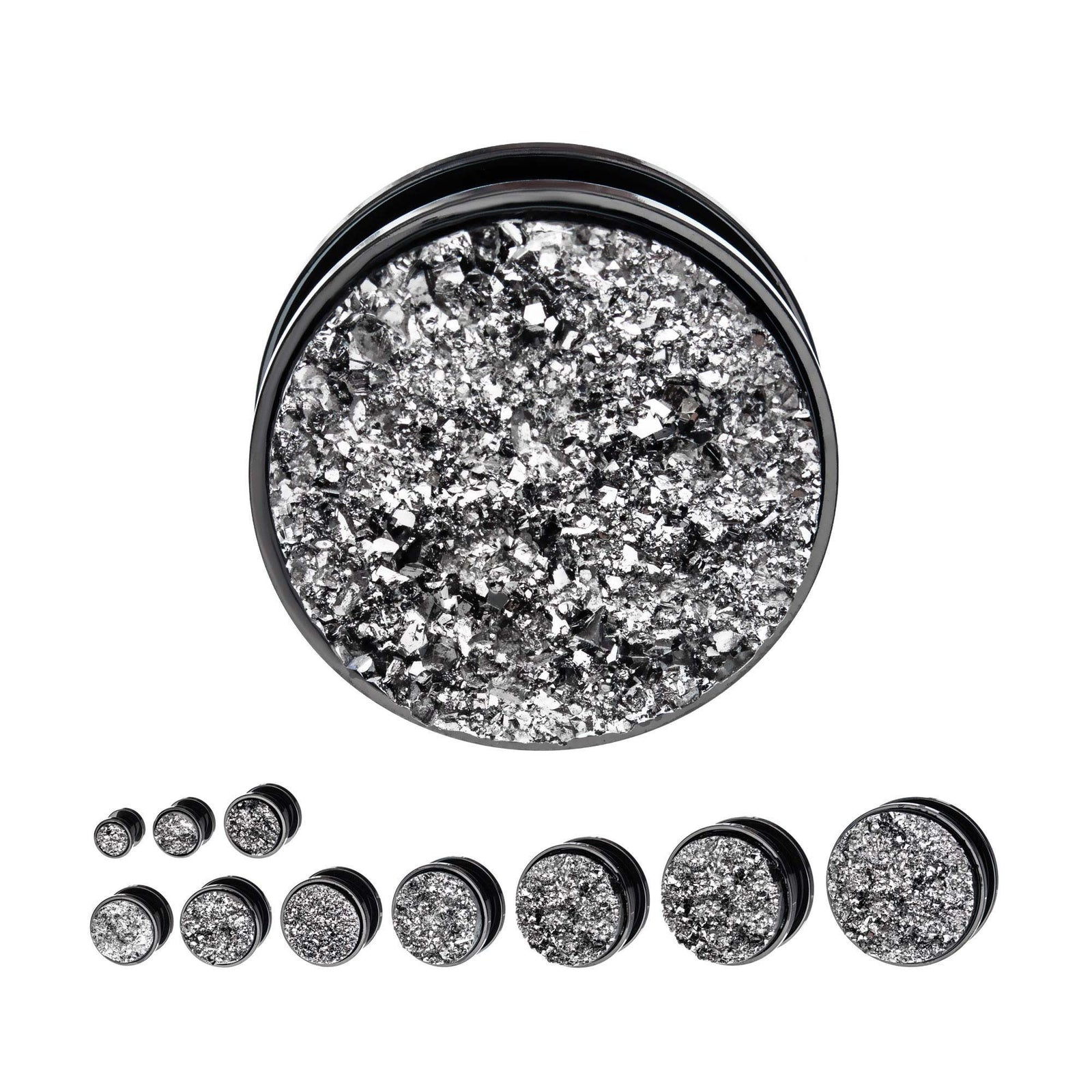 Steel Black Plated Faux Druzy Silver Screw Fit Double Flared Ear Gauge Plugs - 1 Pair