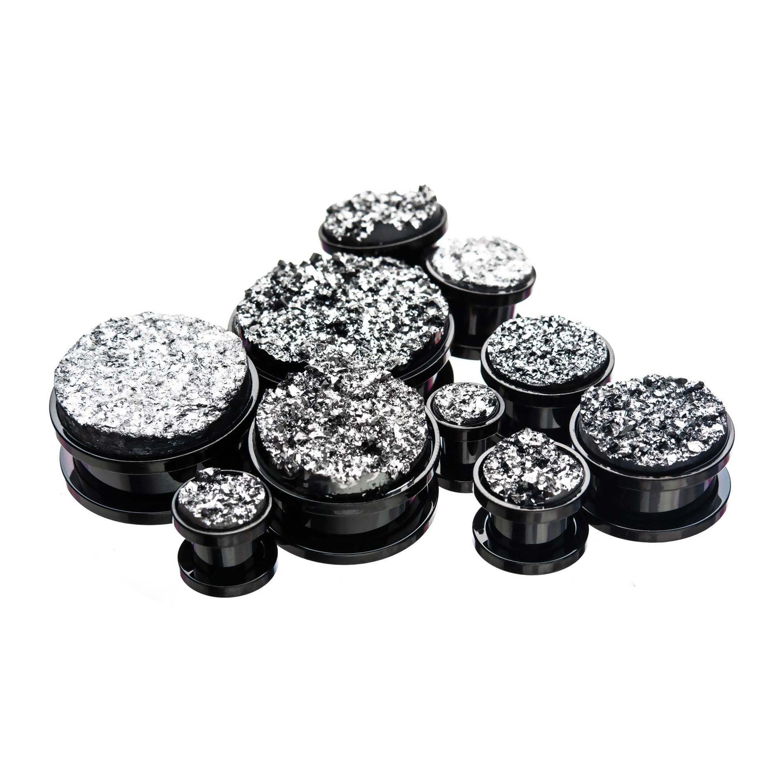 Steel Black Plated Faux Druzy Silver Screw Fit Double Flared Ear Gauge Plugs - 1 Pair