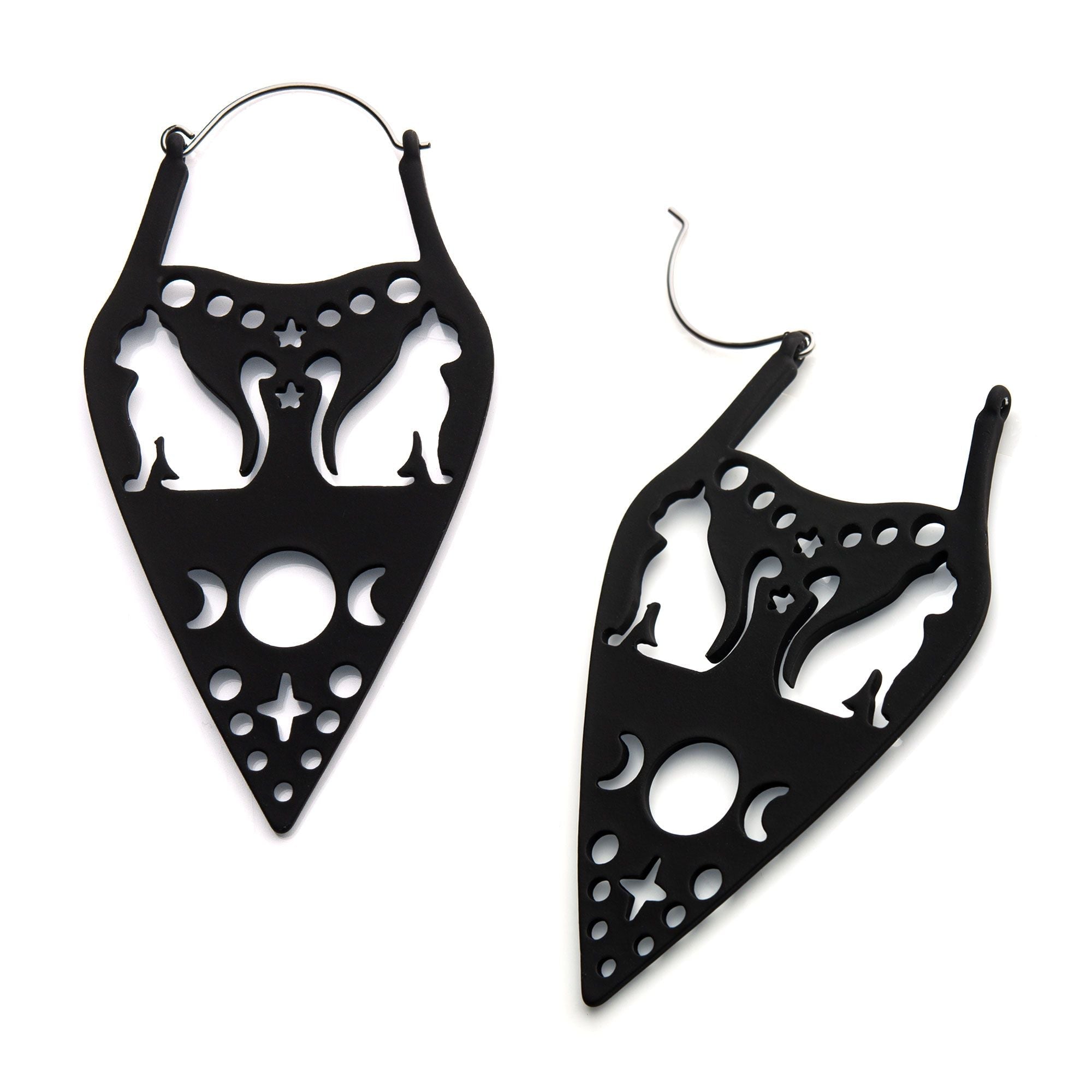 Tapers - Hanging Steel Black Silicone Coated Cut Out Cats, Stars Moon Designs Plug Hoops -Rebel Bod-RebelBod