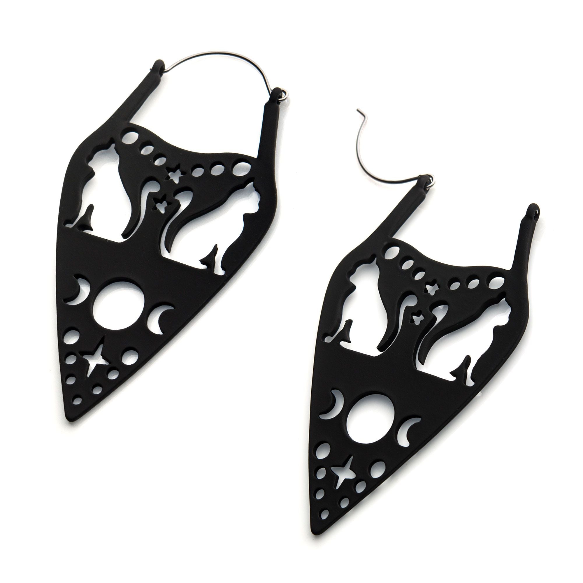 Tapers - Hanging Steel Black Silicone Coated Cut Out Cats, Stars Moon Designs Plug Hoops -Rebel Bod-RebelBod