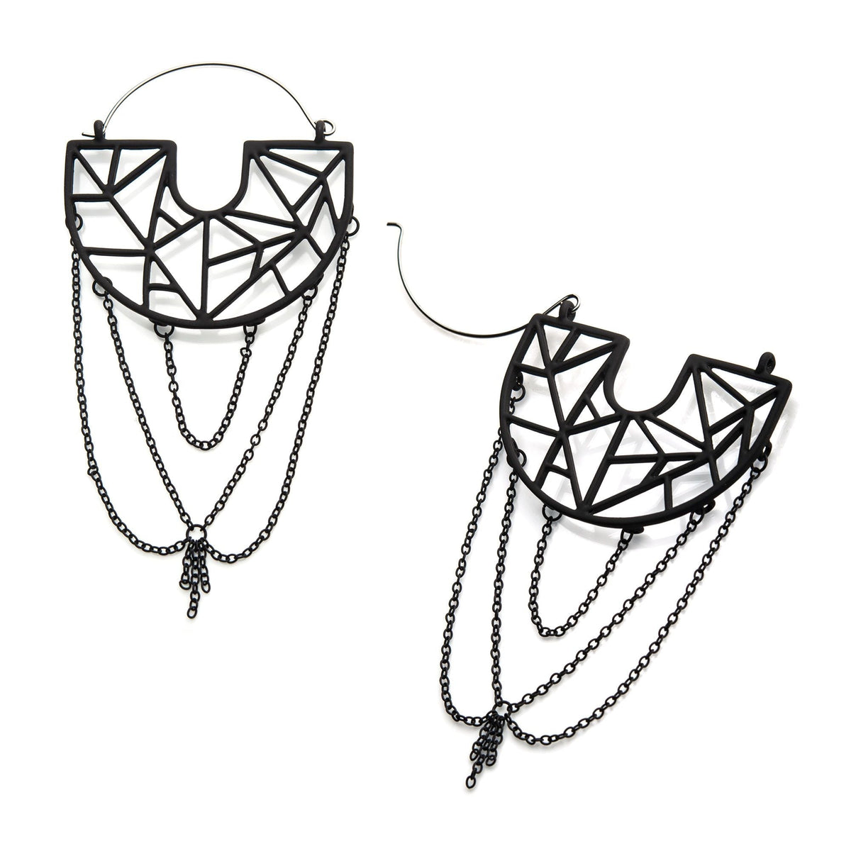 Tapers - Hanging Steel Black Silicone Coated Cut Out Geometric Dangling Chains Plug Hoops -Rebel Bod-RebelBod