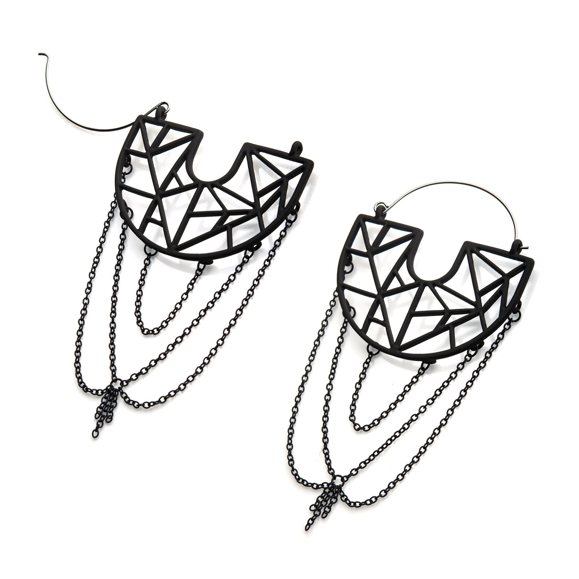 Tapers - Hanging Steel Black Silicone Coated Cut Out Geometric Dangling Chains Plug Hoops -Rebel Bod-RebelBod