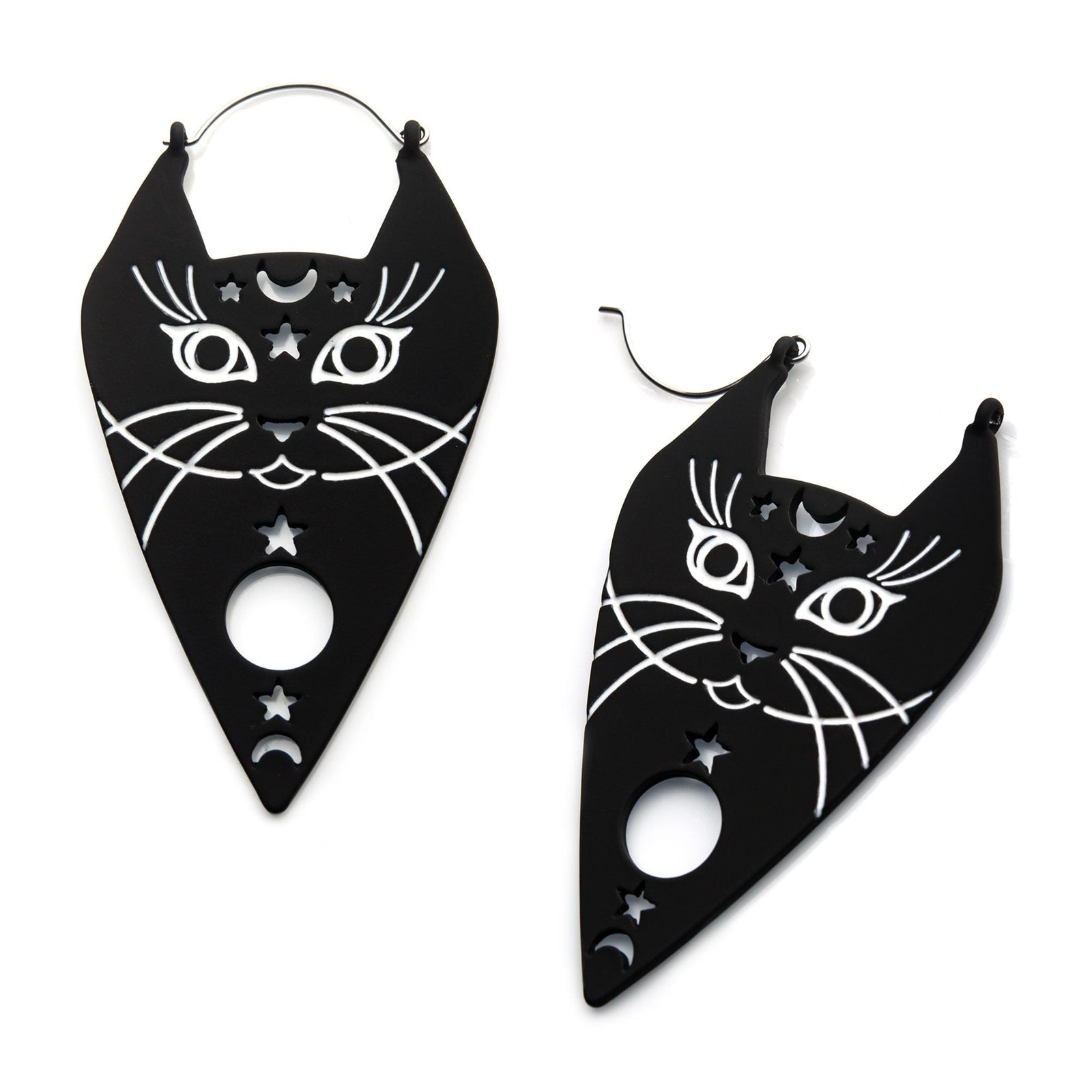 Tapers - Hanging Steel Black Silicone Coated Epoxy Cat Face, Stars Moon Plug Hoops -Rebel Bod-RebelBod