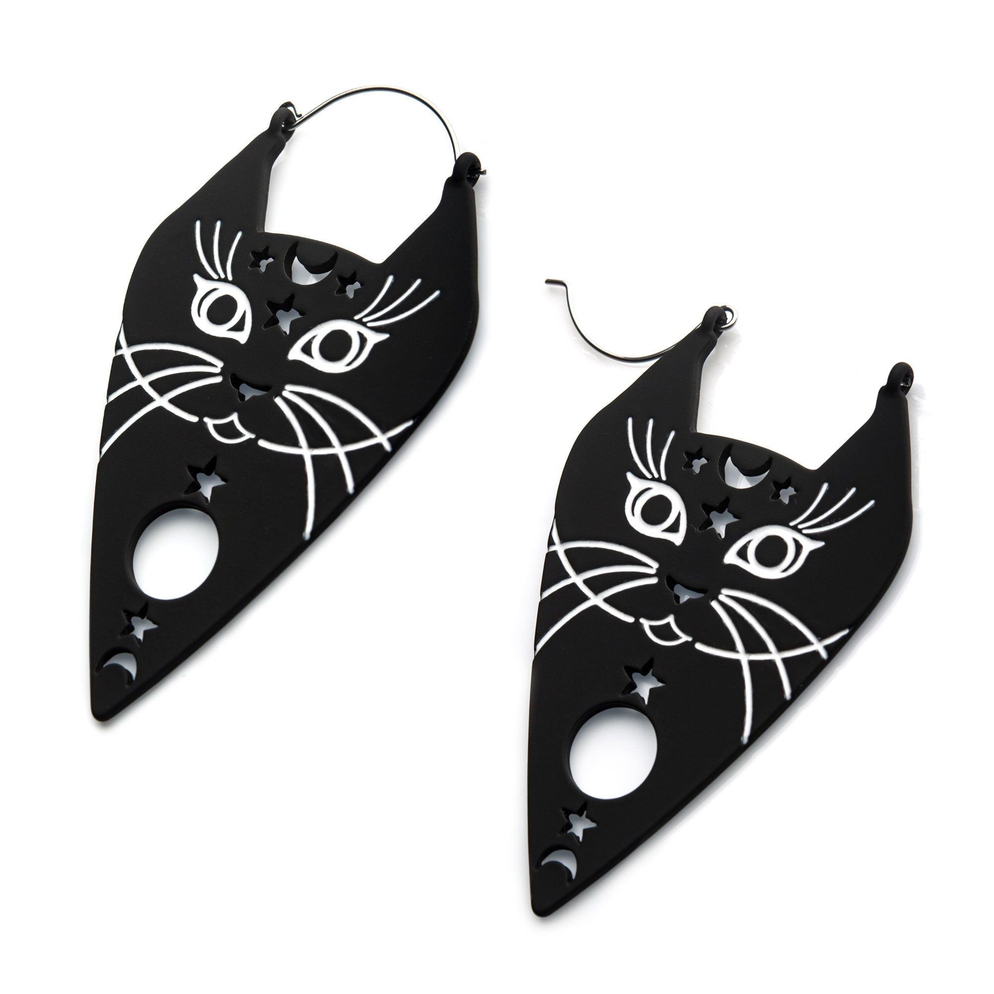 Tapers - Hanging Steel Black Silicone Coated Epoxy Cat Face, Stars Moon Plug Hoops -Rebel Bod-RebelBod