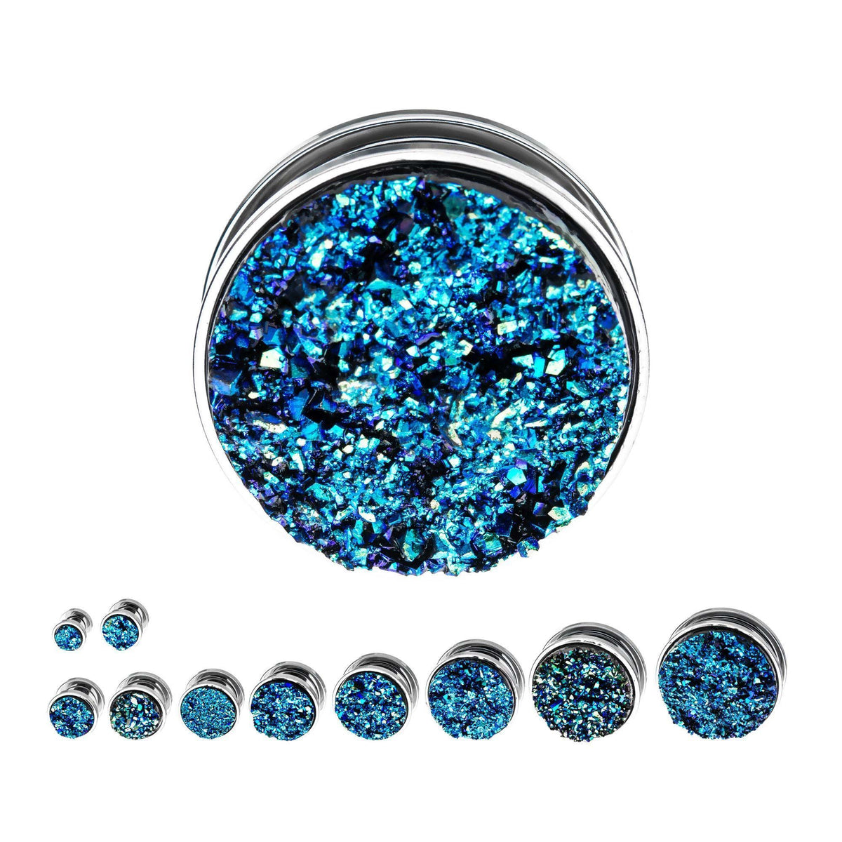 Plugs Earrings - Double Flare Steel Faux Druzy Blue Screw Fit Plugs sbvpsdrzsb - 1 Pair -Rebel Bod-RebelBod