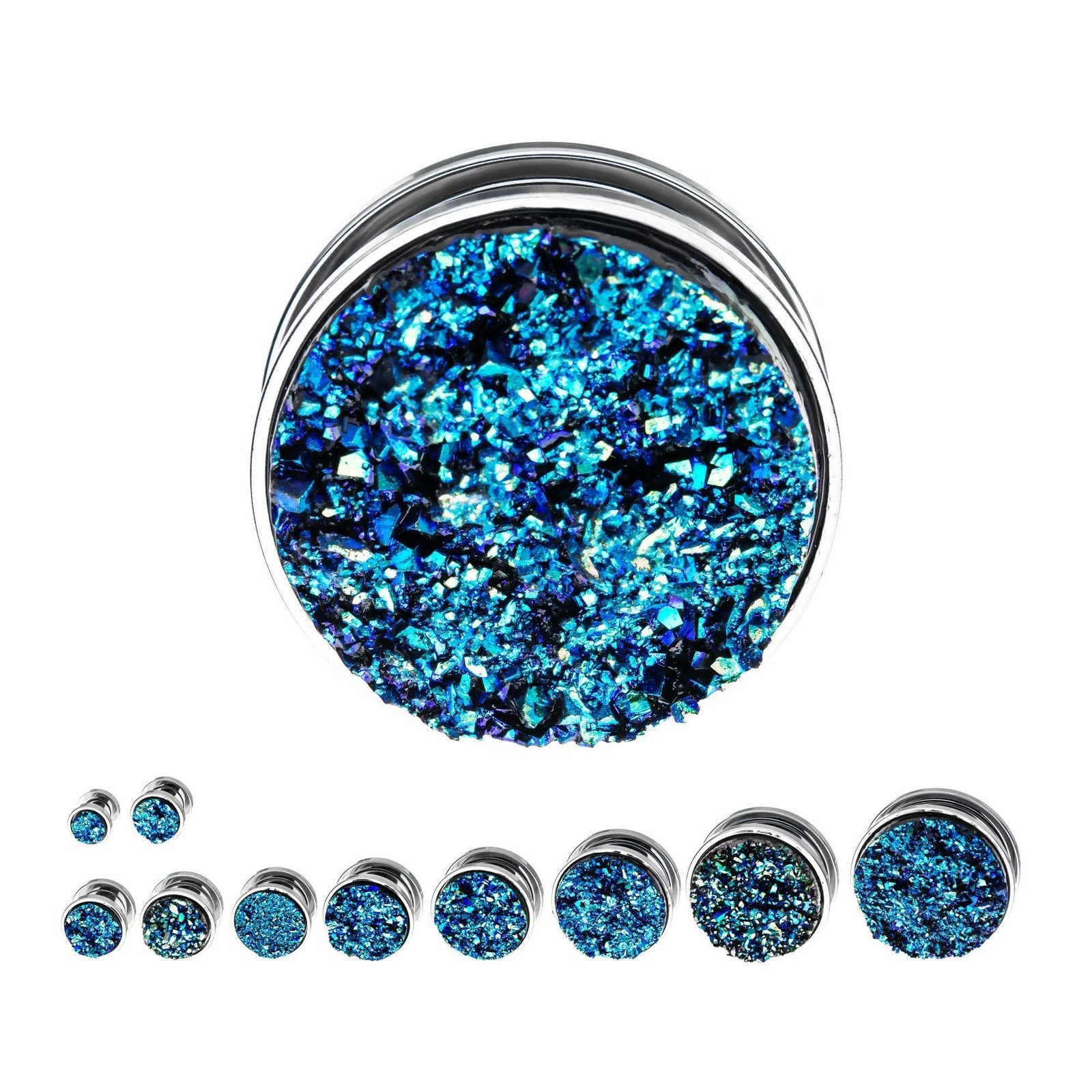 Plugs Earrings - Double Flare Steel Faux Druzy Blue Screw Fit Plugs sbvpsdrzsb - 1 Pair -Rebel Bod-RebelBod