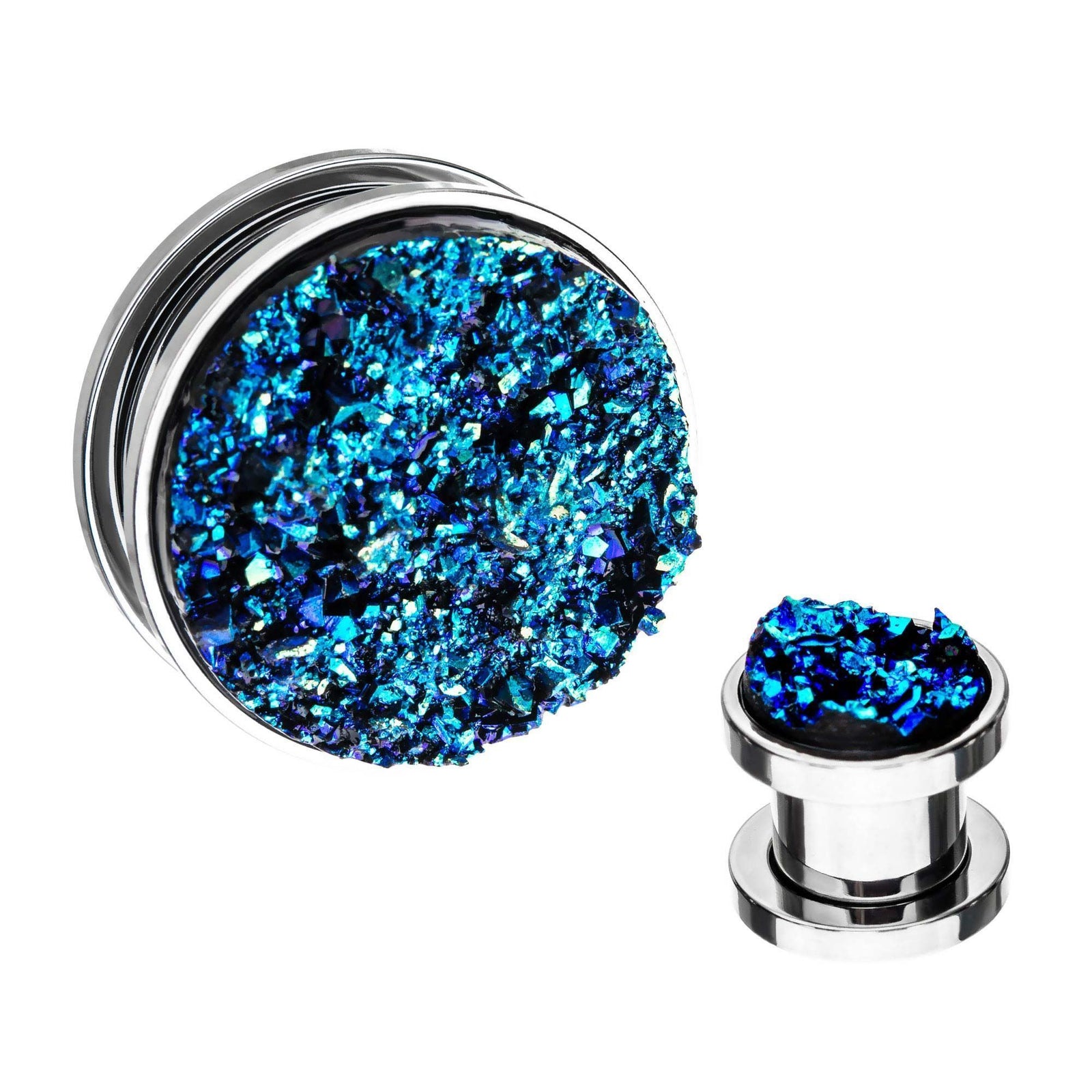 Plugs Earrings - Double Flare Steel Faux Druzy Blue Screw Fit Plugs sbvpsdrzsb - 1 Pair -Rebel Bod-RebelBod
