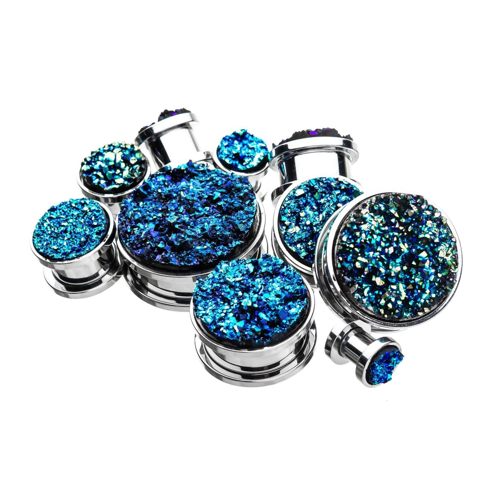 Plugs Earrings - Double Flare Steel Faux Druzy Blue Screw Fit Plugs sbvpsdrzsb - 1 Pair -Rebel Bod-RebelBod