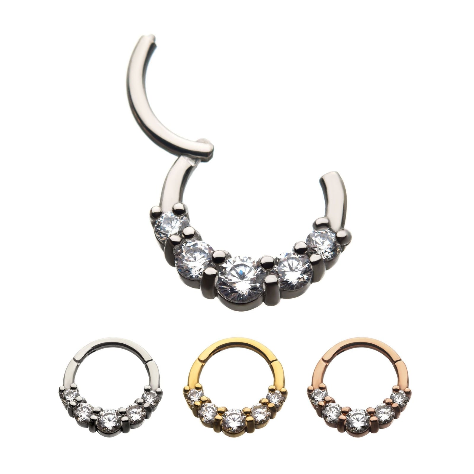 Clicker - Cartilage | Septum Steel Front Facing 5-Prong Set Clear CZ Hinged Segment Clicker - 1 Piece -Rebel Bod-RebelBod
