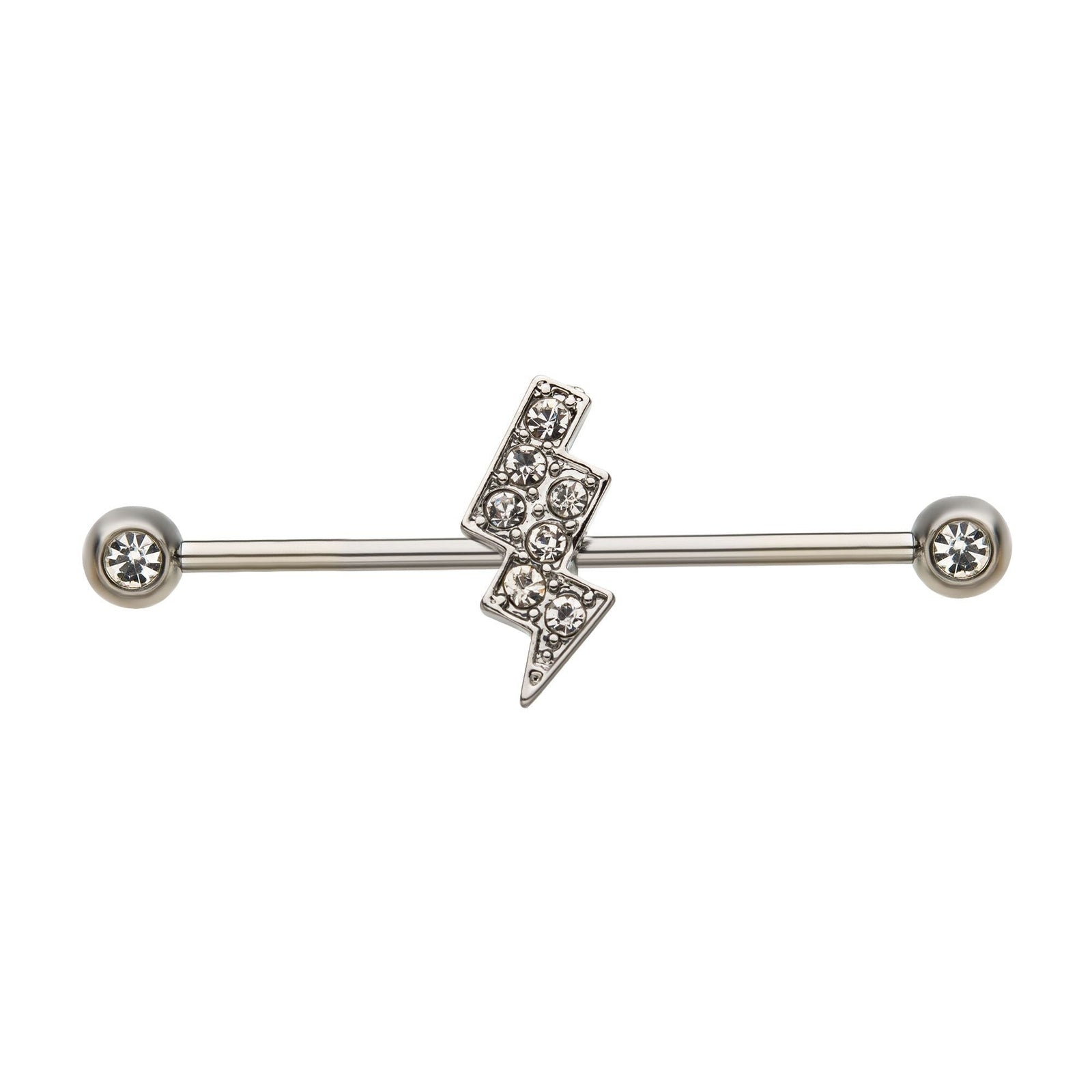 Indistrial Barbell Steel Front Facing Gems CZ Gem Lightning Bolt Industrial Barbell -Rebel Bod-RebelBod