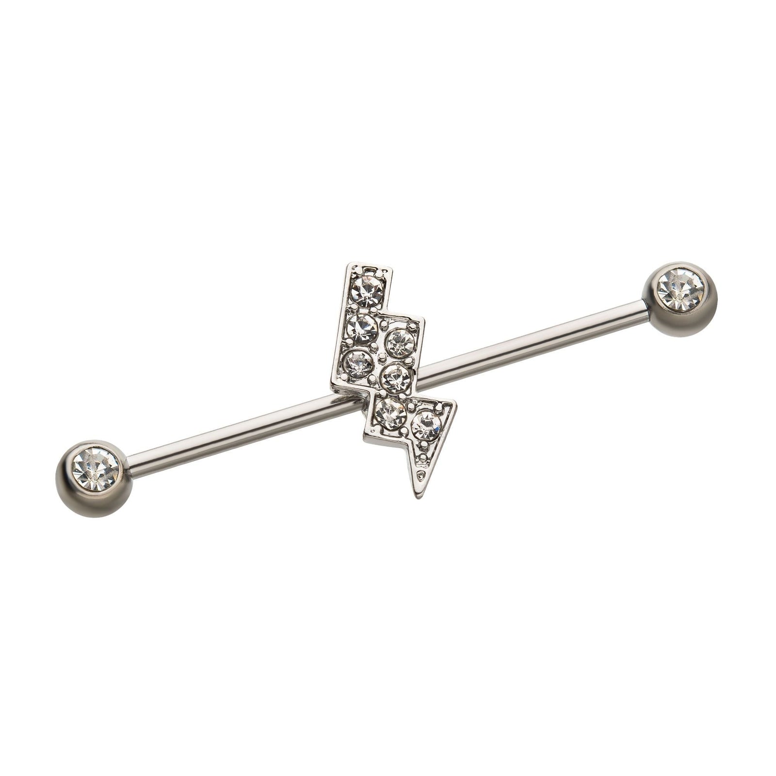 Indistrial Barbell Steel Front Facing Gems CZ Gem Lightning Bolt Industrial Barbell -Rebel Bod-RebelBod