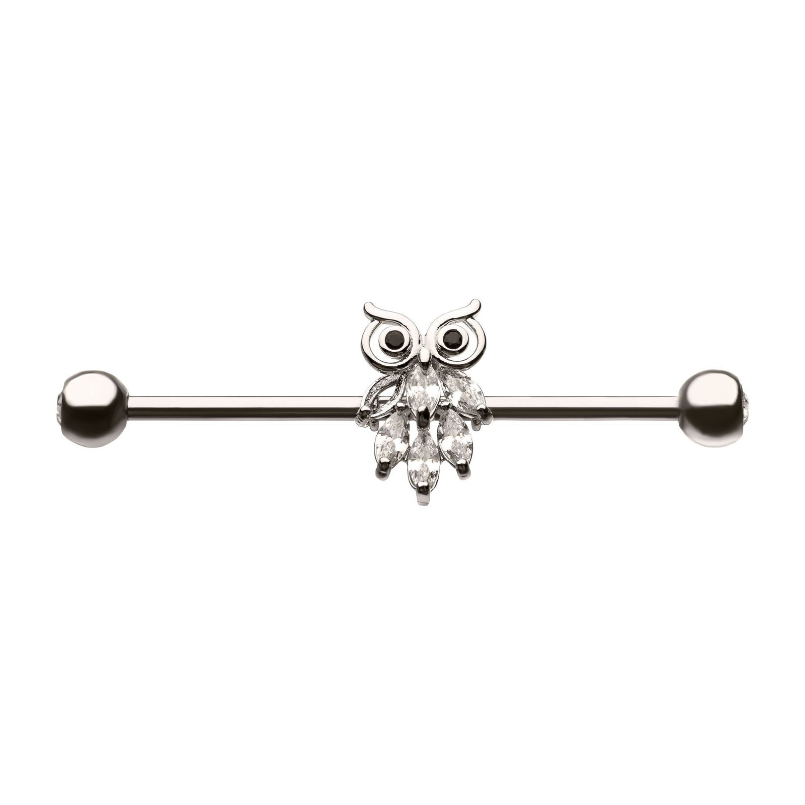 Indistrial Barbell Steel Industrial Barbell Clear CZ Owl in the Middle -Rebel Bod-RebelBod