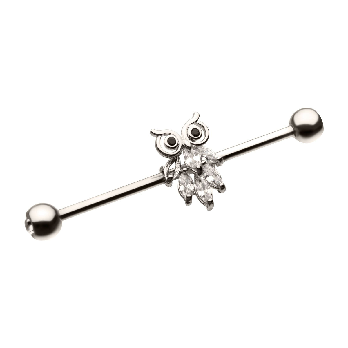 Indistrial Barbell Steel Industrial Barbell Clear CZ Owl in the Middle -Rebel Bod-RebelBod