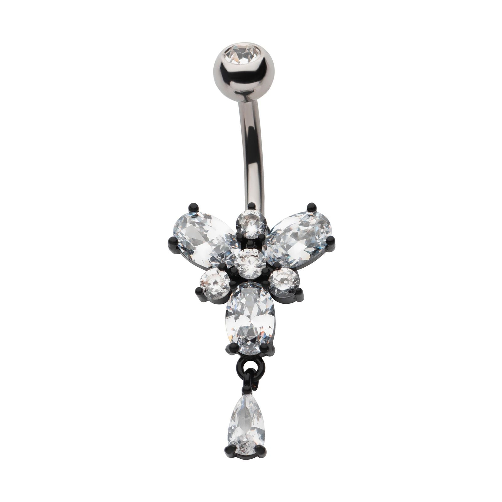 Belly Steel Navel Bar Black PVD Multi Clear CZ Dangle Navel nesl-22043c -Rebel Bod-RebelBod