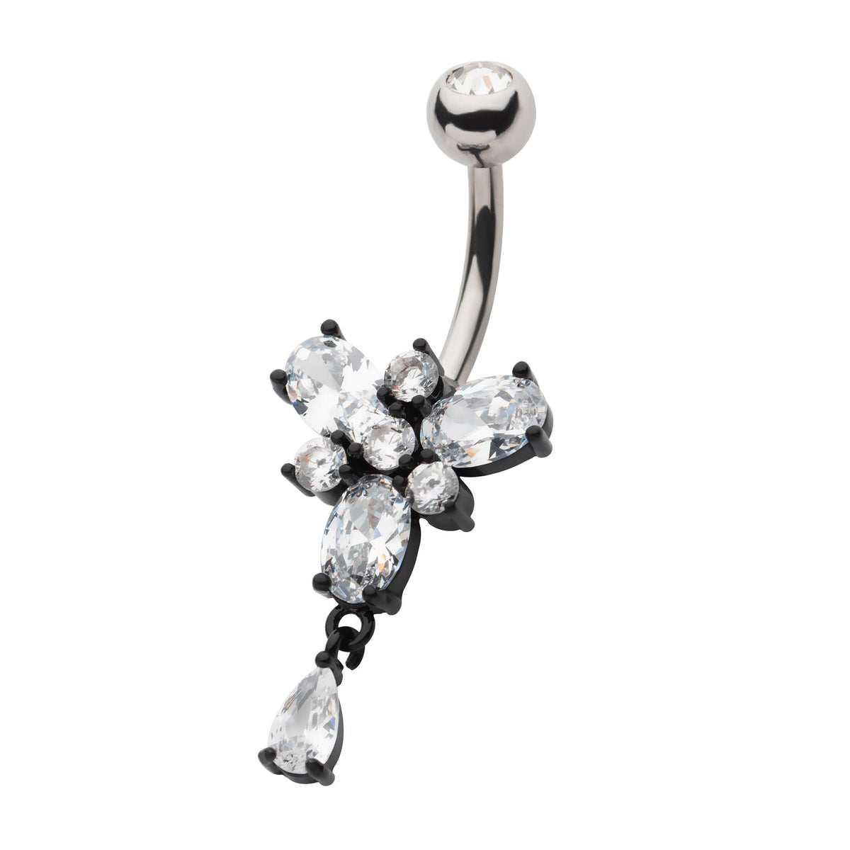 Belly Steel Navel Bar Black PVD Multi Clear CZ Dangle Navel nesl-22043c -Rebel Bod-RebelBod