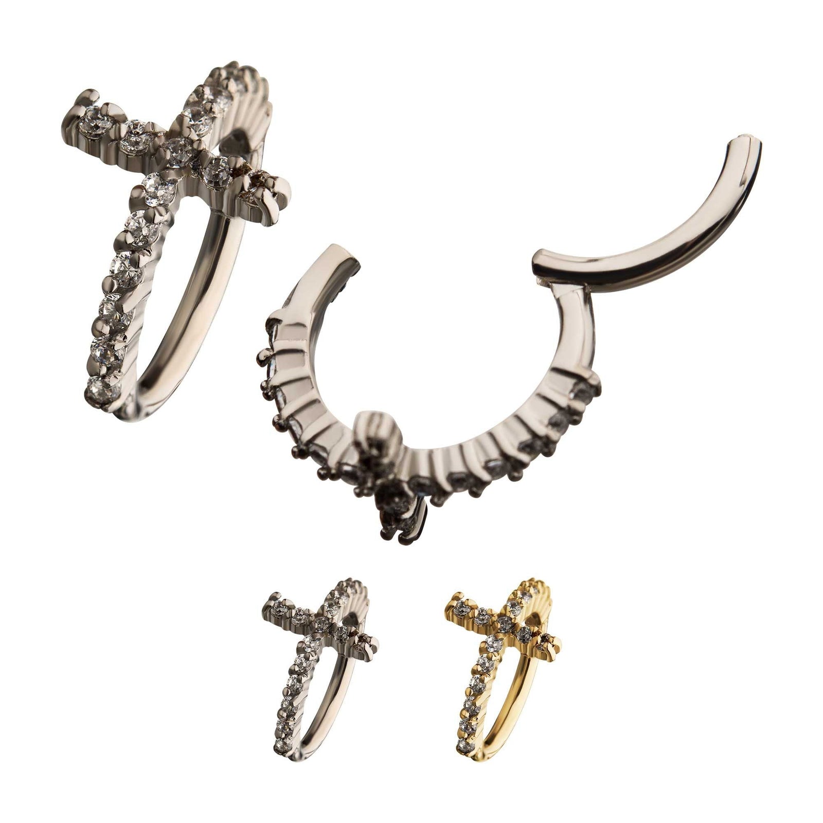 Clicker - Cartilage | Septum Steel Prong Set 17pcs Round Clear AAA CZ Cross Side Facing Hinged Segment Clicker - 1 Piece -Rebel Bod-RebelBod