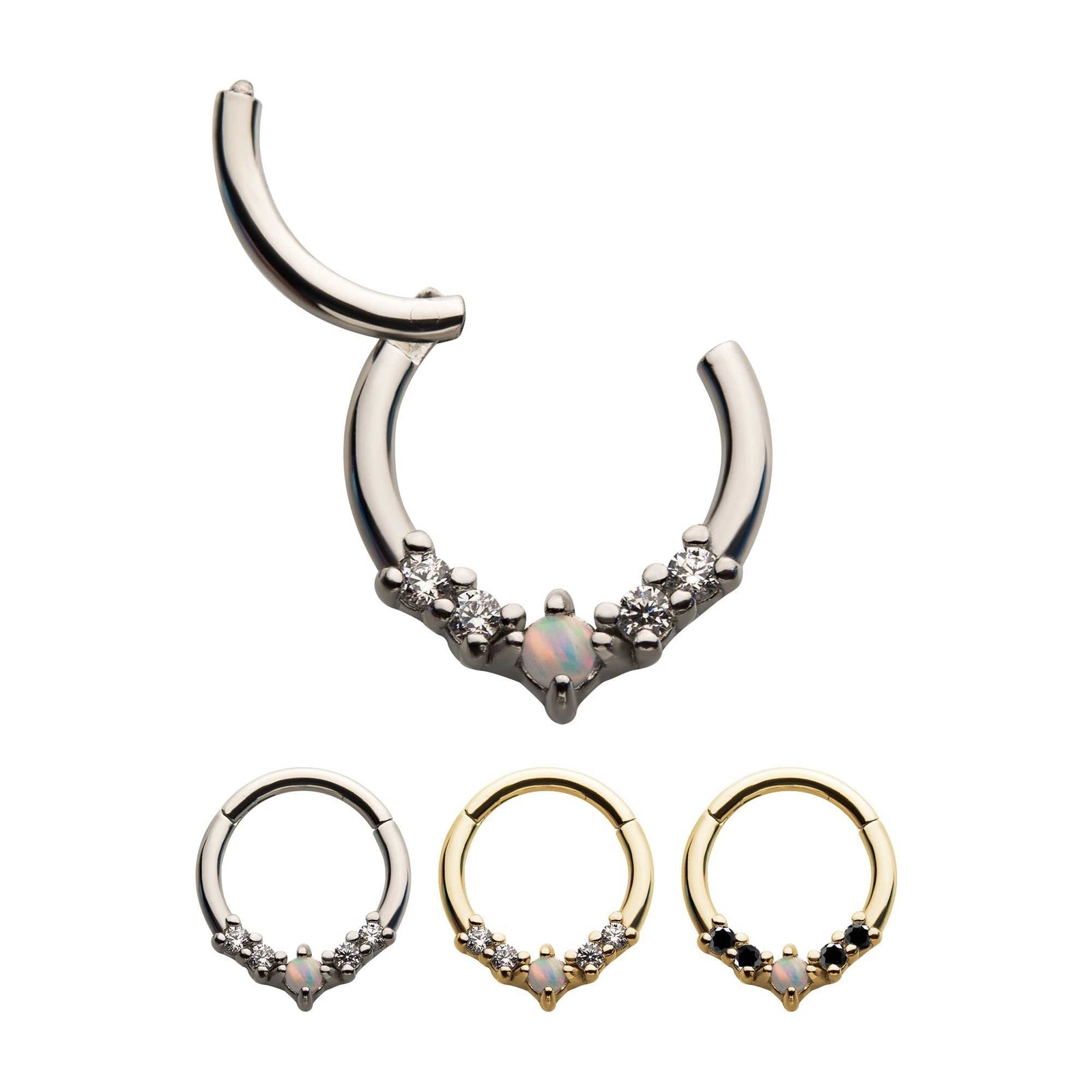 SEAMLESS CLICKER Steel Prong Set 4pcs Clear Black AAA CZ 1pc White Synthetic Opal Front Facing Hinged Segment Clicker -Rebel Bod-RebelBod