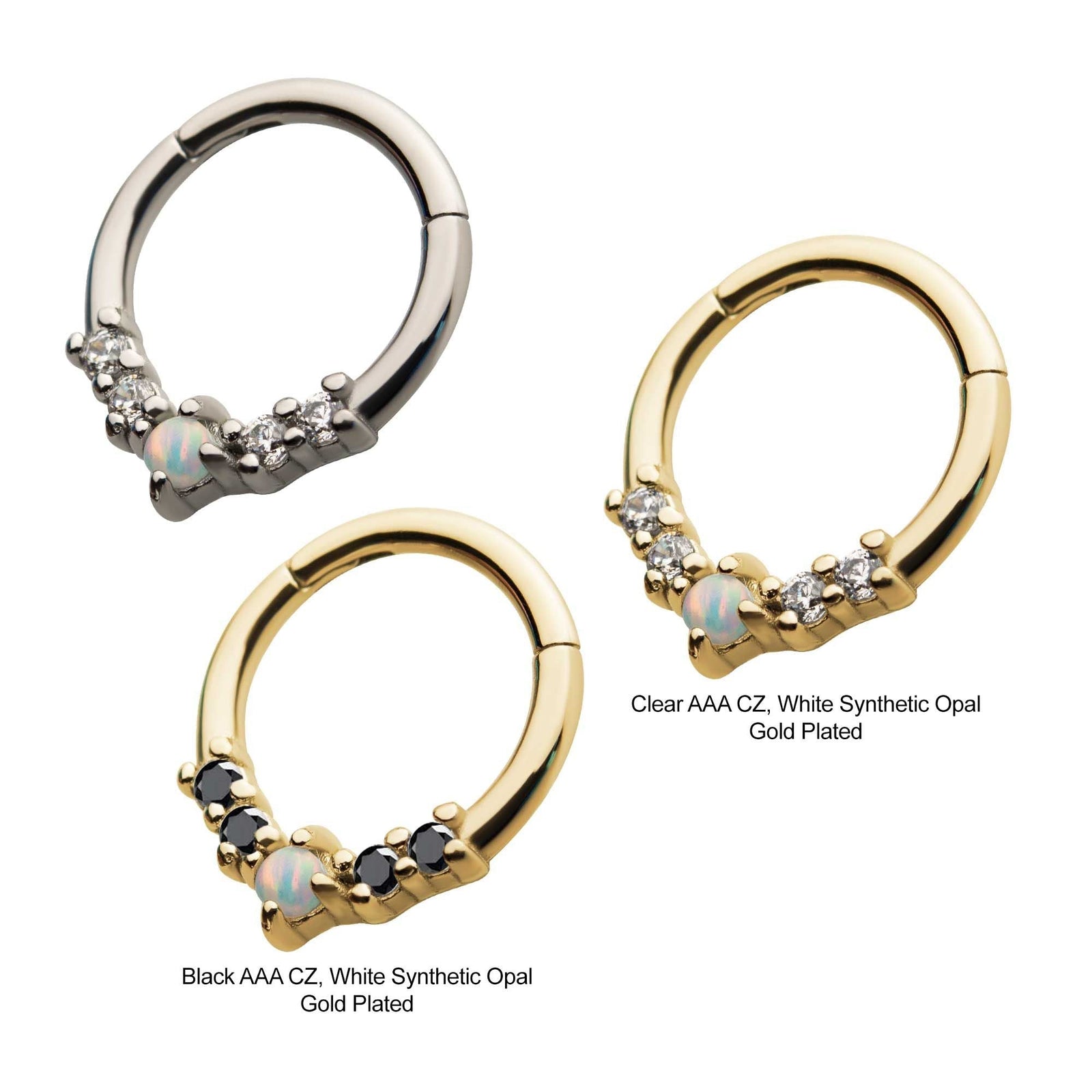 SEAMLESS CLICKER Steel Prong Set 4pcs Clear Black AAA CZ 1pc White Synthetic Opal Front Facing Hinged Segment Clicker -Rebel Bod-RebelBod