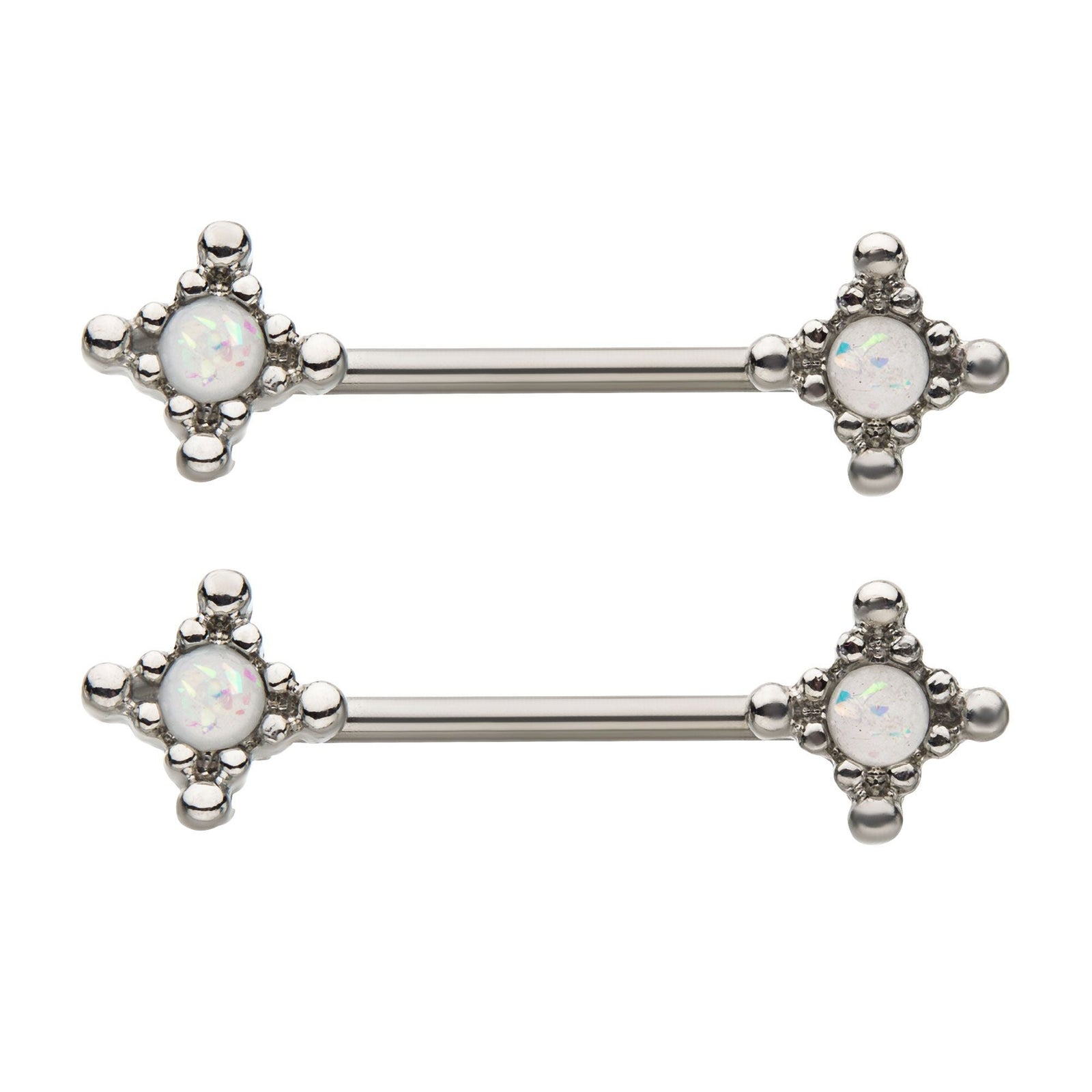 Nipple Steel Spiked Edge 4 Point Beaded Edges Around Foil Opal Resin Nipple Barbell -Rebel Bod-RebelBod