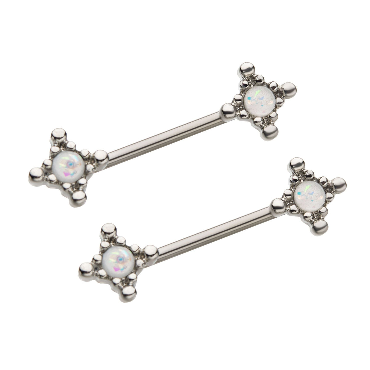 Nipple Steel Spiked Edge 4 Point Beaded Edges Around Foil Opal Resin Nipple Barbell -Rebel Bod-RebelBod