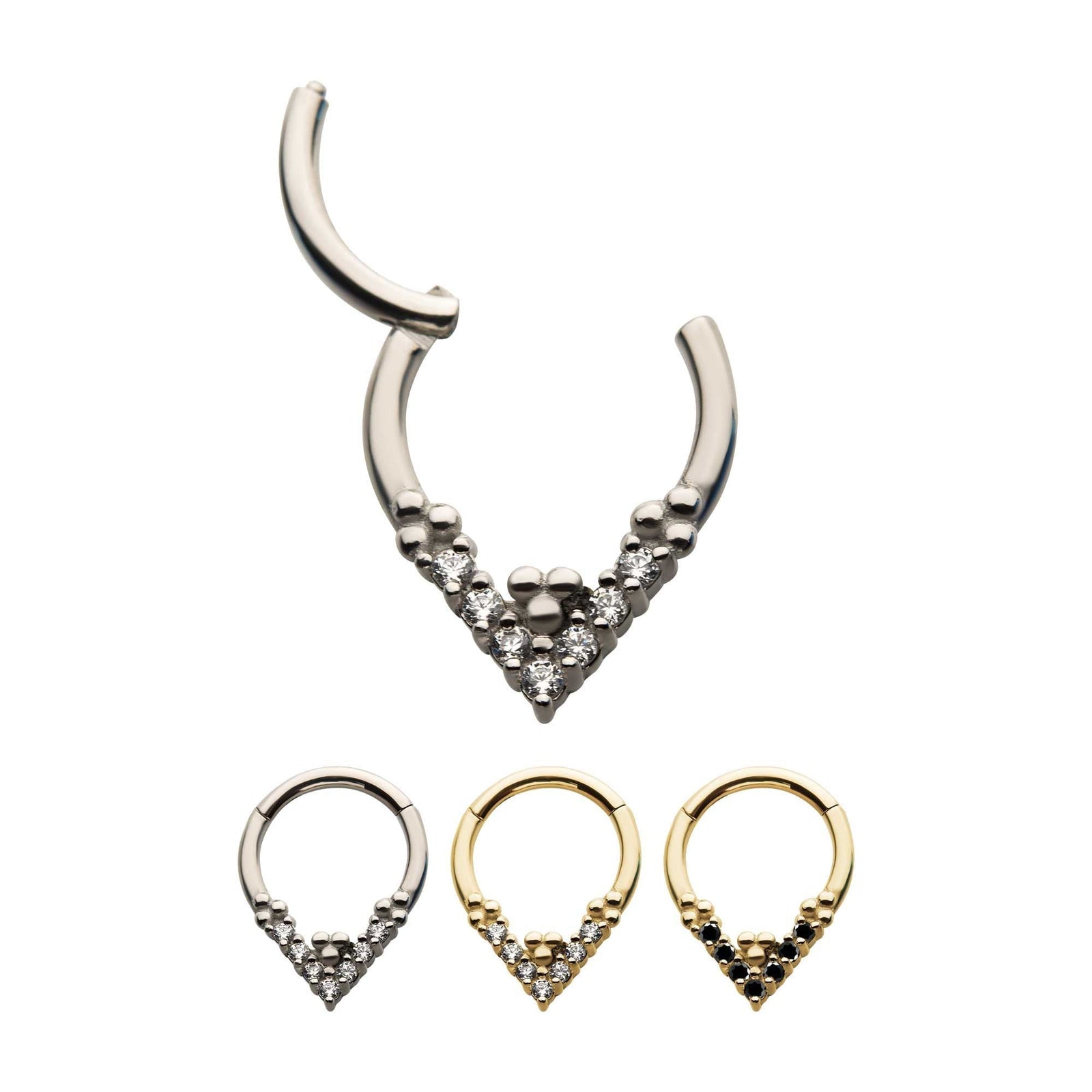 SEAMLESS CLICKER Steel Tri-beads Prong Set 7pcs Clear Black AAA CZ Front Facing Hinged Segment Clicker -Rebel Bod-RebelBod