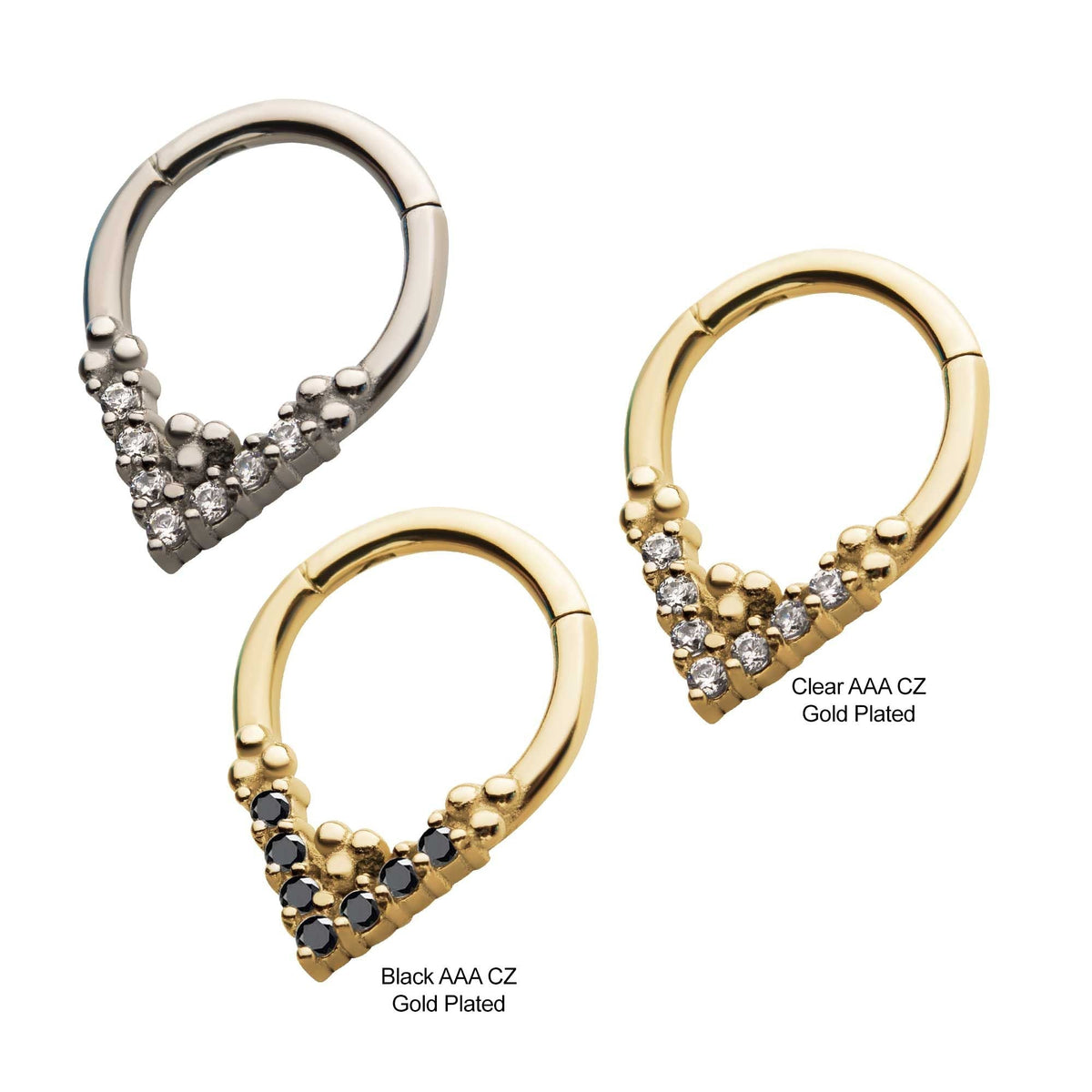 SEAMLESS CLICKER Steel Tri-beads Prong Set 7pcs Clear Black AAA CZ Front Facing Hinged Segment Clicker -Rebel Bod-RebelBod