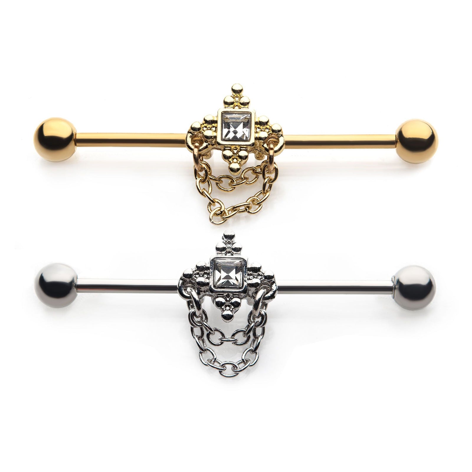 Indistrial Barbell Surgical Steel 1pc Clear CZ, Beads Dangling Chains Industrial Barbell -Rebel Bod-RebelBod