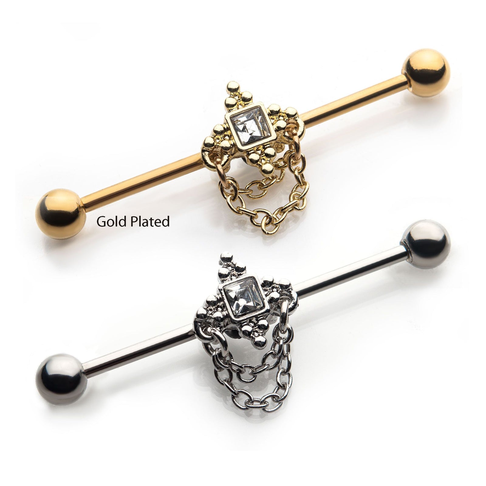 Indistrial Barbell Surgical Steel 1pc Clear CZ, Beads Dangling Chains Industrial Barbell -Rebel Bod-RebelBod