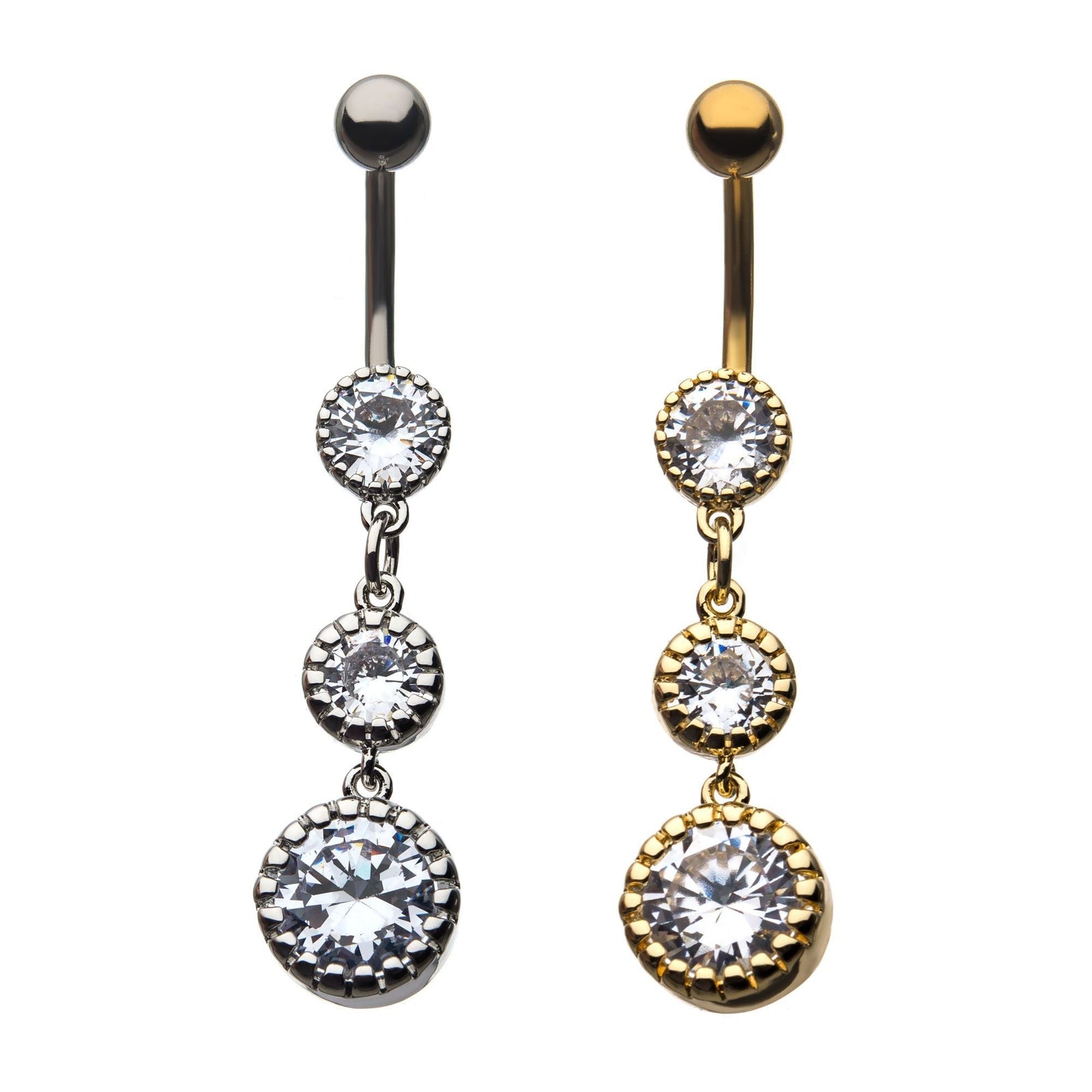 Belly Surgical Steel 3-Bezel Set Clear CZ Dangle Navel -Rebel Bod-RebelBod