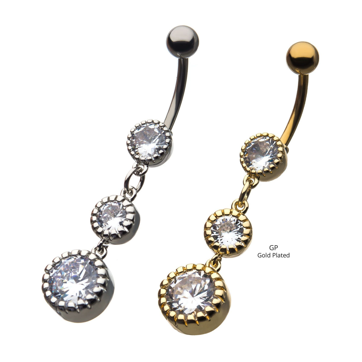 Belly Surgical Steel 3-Bezel Set Clear CZ Dangle Navel -Rebel Bod-RebelBod