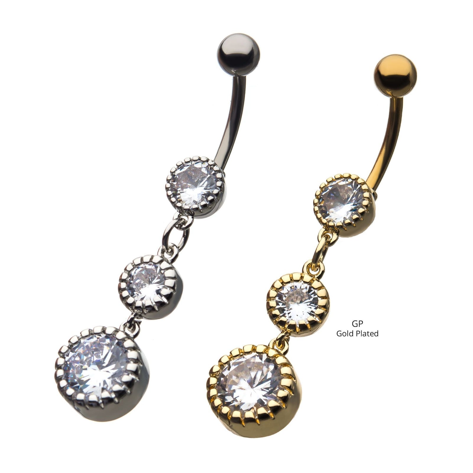 Belly Surgical Steel 3-Bezel Set Clear CZ Dangle Navel -Rebel Bod-RebelBod