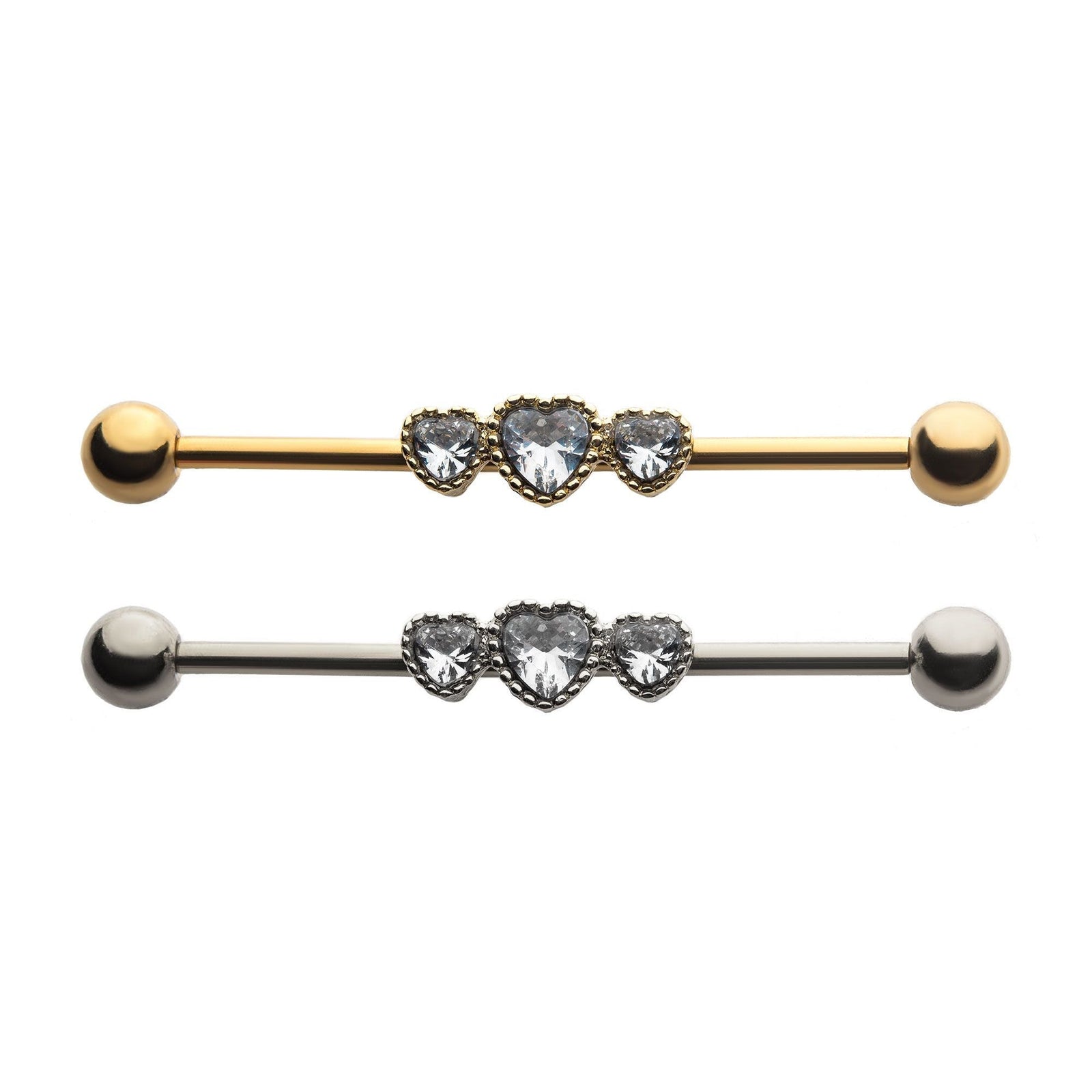 Indistrial Barbell Surgical Steel 3pcs Clear CZ Heart Industrial Barbell -Rebel Bod-RebelBod