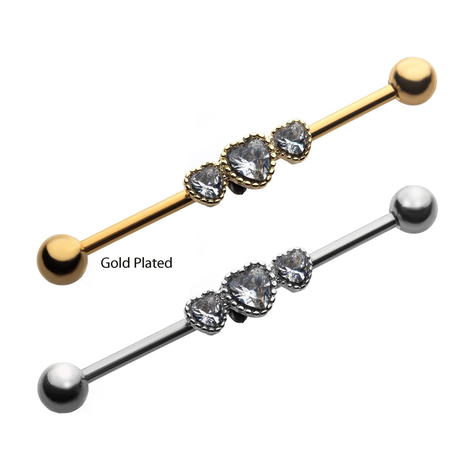 Indistrial Barbell Surgical Steel 3pcs Clear CZ Heart Industrial Barbell -Rebel Bod-RebelBod