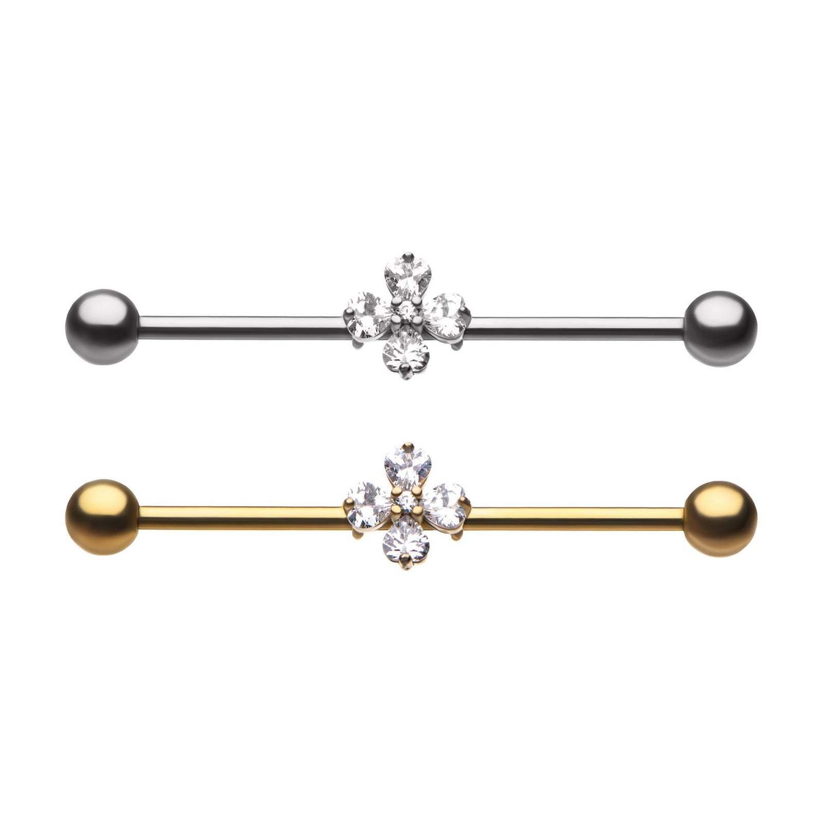 Indistrial Barbell Surgical Steel 4-Prong Set Clear CZ Hearts Industrial Barbell -Rebel Bod-RebelBod
