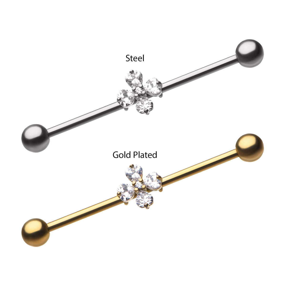Indistrial Barbell Surgical Steel 4-Prong Set Clear CZ Hearts Industrial Barbell -Rebel Bod-RebelBod