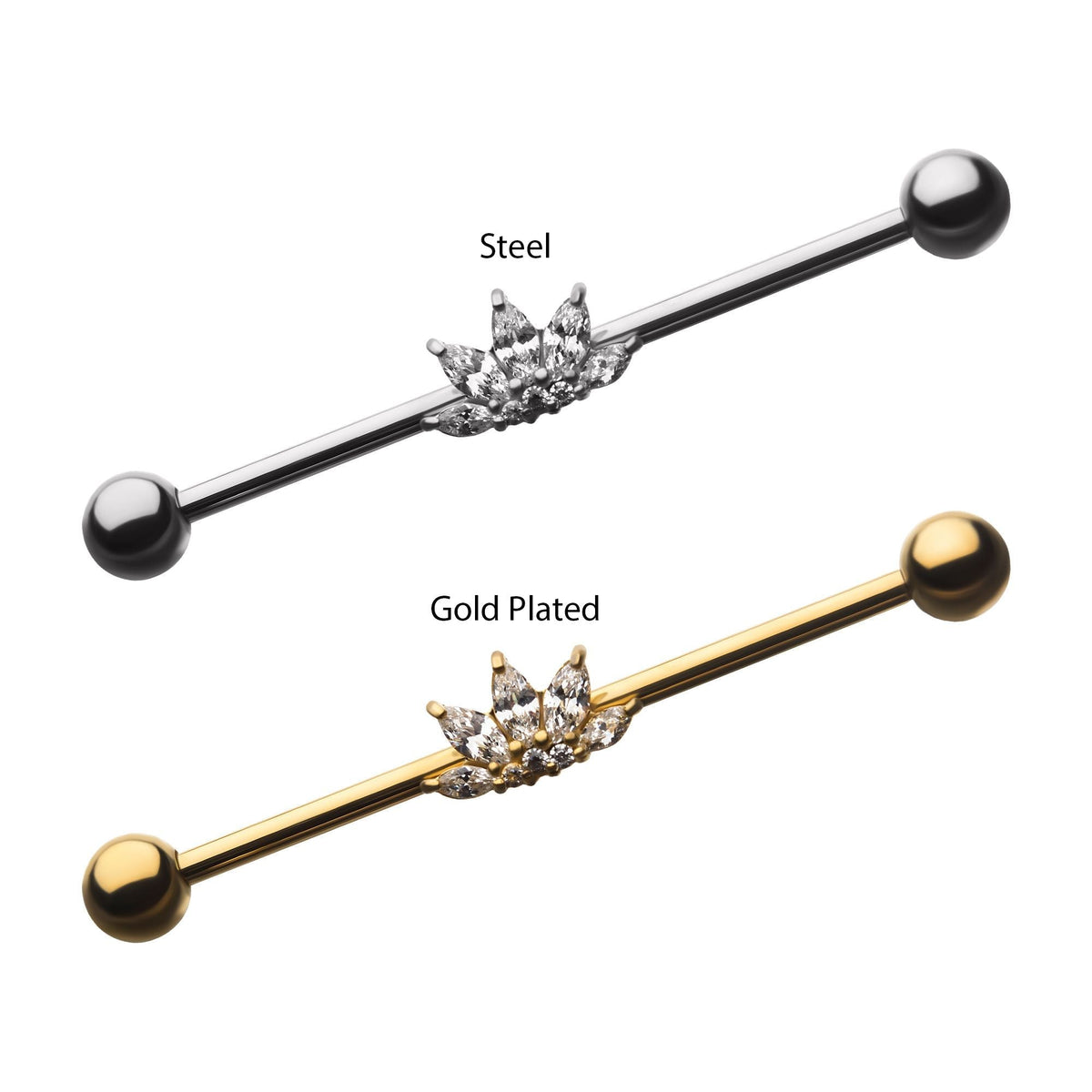 Indistrial Barbell Surgical Steel 5-Prong Set Clear CZ Flower Industrial Barbell -Rebel Bod-RebelBod