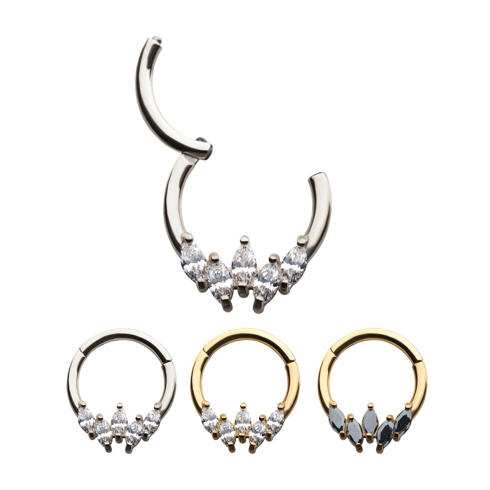 Clicker - Cartilage | Septum Surgical Steel 5pcs Marquise Cluster AAA CZ Front Facing Hinged Segment Clicker - 1 Piece -Rebel Bod-RebelBod