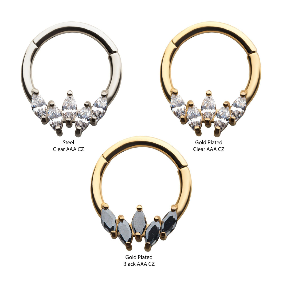 Clicker - Cartilage | Septum Surgical Steel 5pcs Marquise Cluster AAA CZ Front Facing Hinged Segment Clicker - 1 Piece -Rebel Bod-RebelBod