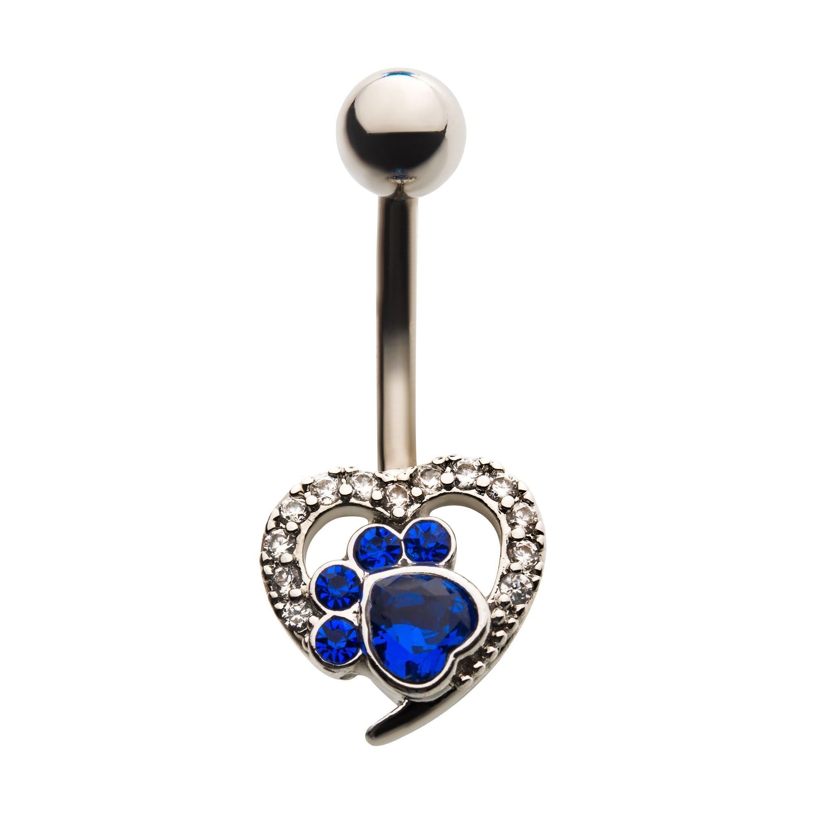 Belly Surgical Steel Clear Blue CZ Heart Paw Fixed Navel bna2102b -Rebel Bod-RebelBod
