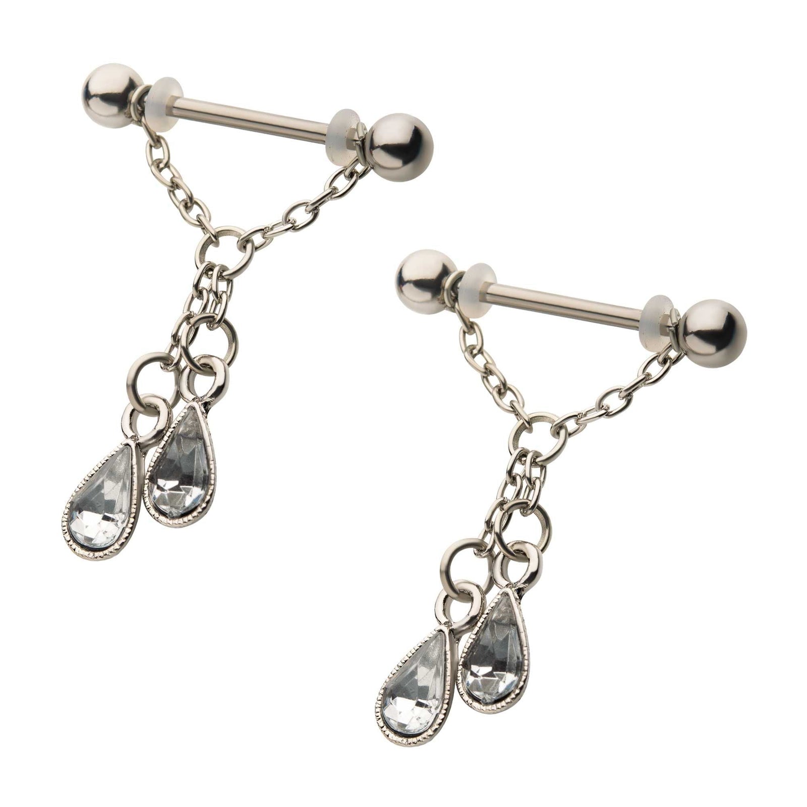 Nipple Surgical Steel Clear CZ 2-Teardrop Chain Dangle Nipple Barbell -Rebel Bod-RebelBod